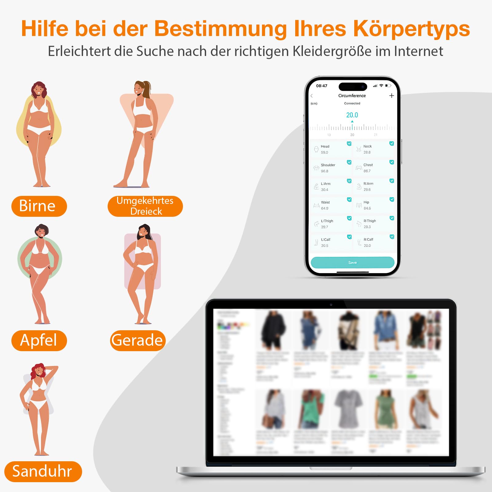 Smart Body-Maßband, Bluetooth-Maßband, Fitdays-App-Überwachung, Körpermaßband LED HD Vollbild für Fitness, Formgebung, Gewichtsabnahme und Aufzeichnung des Körperumfangs in cm oder zoll