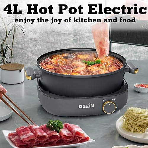 Miniatura 2 de Dezin Olla eléctrica Shabu Shabu con olla extraíble, olla caliente antiadherente de 4 litros con control de doble potencia, olla eléctrica con tapa