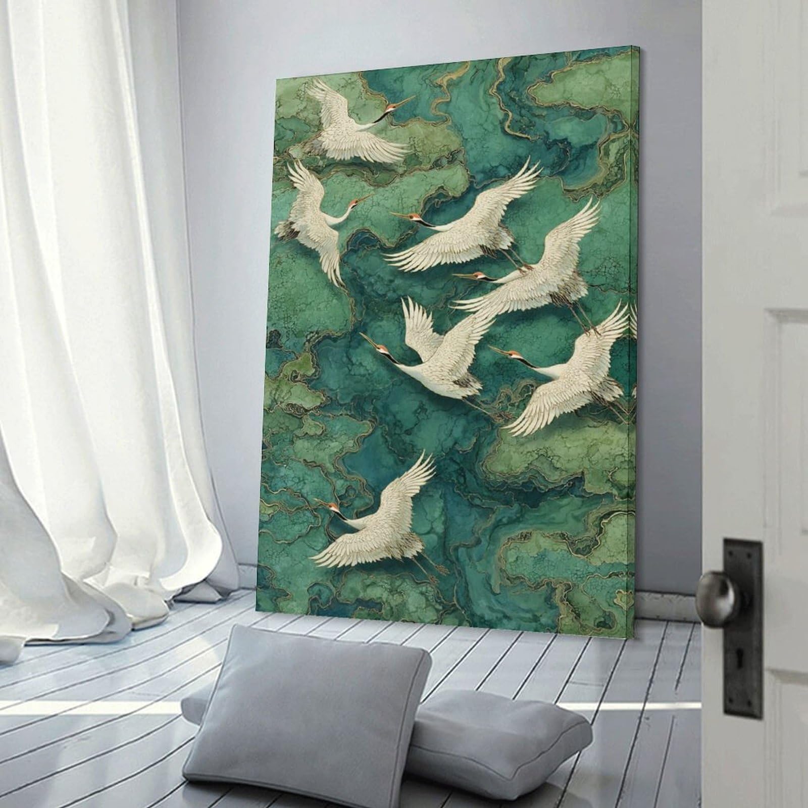 Junmoney Cranes in Flight over Green Waters Wall Art Print, 20x30inch(50x75cm), for Living Spaces, Bedrooms Or Relaxed Rooms, Decorative Artwork for Empty Walls