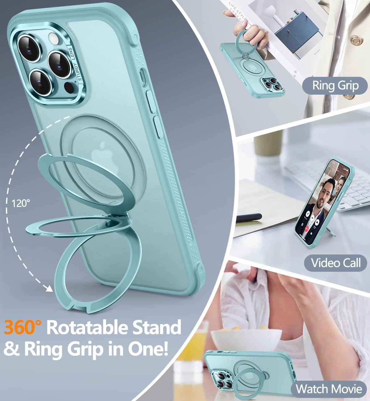 Reukdnv Magnetic for iPhone 14 Pro Max Case, Military Drop Protection, Compatible with MagSafe, Slim Translucent Matte Shockproof Protective Phone Case with 360° Spin Stand 6.7", Blue - Image 3