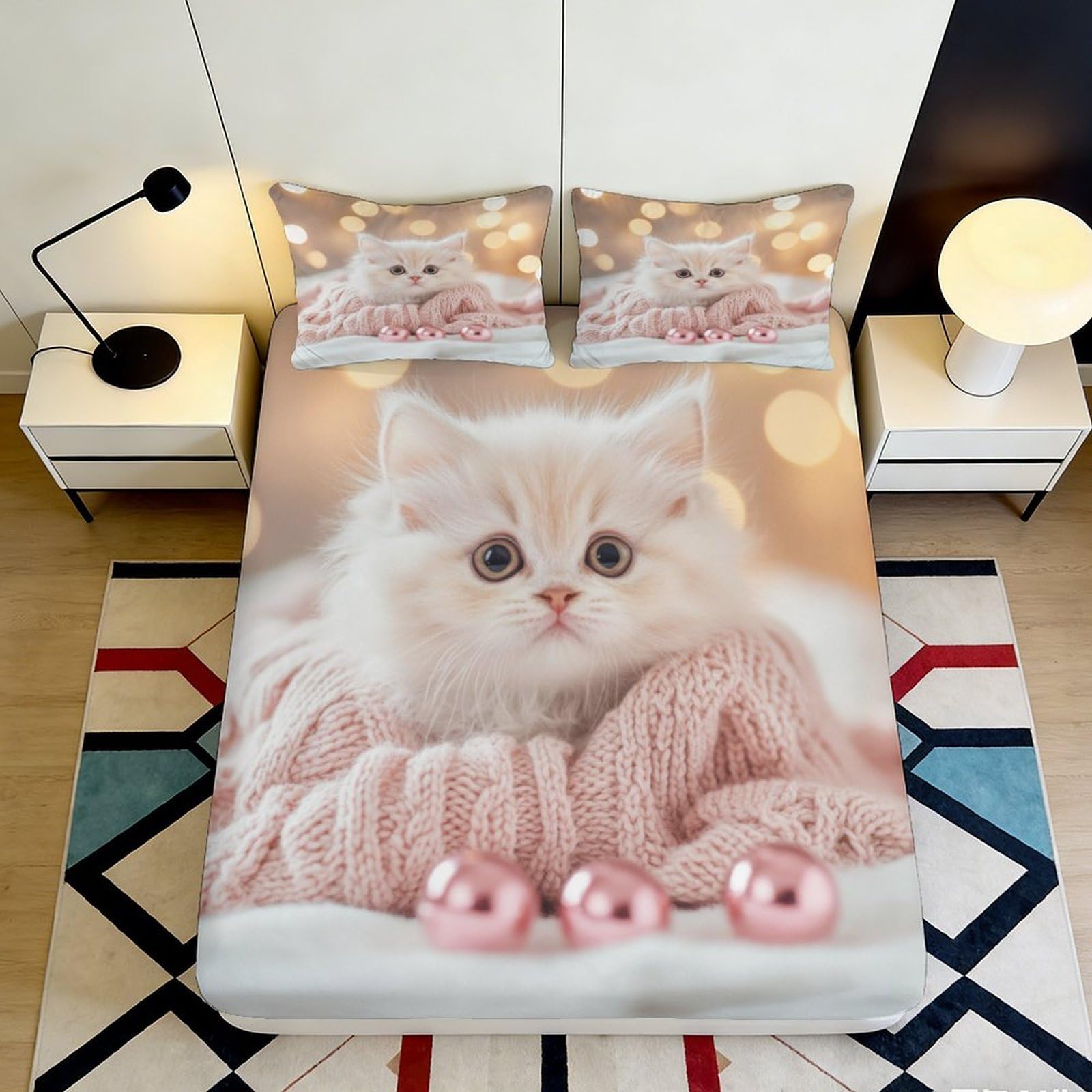 Pnayamiorkfel Style-7 3D Printed Cute Kitten Fitted Sheet Microfiber Soft Pink Sweater Cat Bed Sheet For Bedroom Guest Room Decor 90X200x25cm