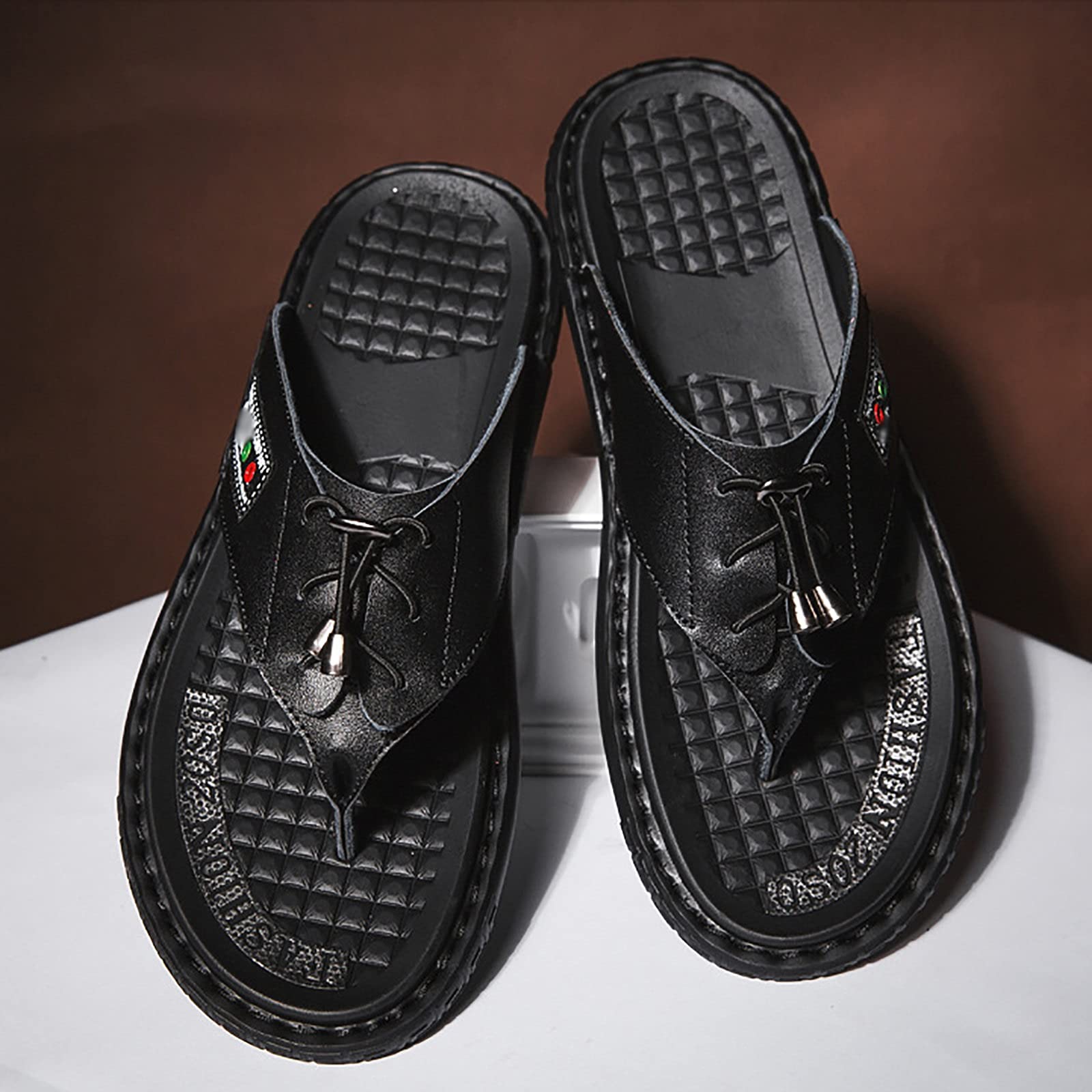 G&F Uomo Infradito Pelle Sandali Morbido Punta Clip Pantofole Estate Spiaggia Piscina All'aperto Interno (Color : Black, Size : 38)
