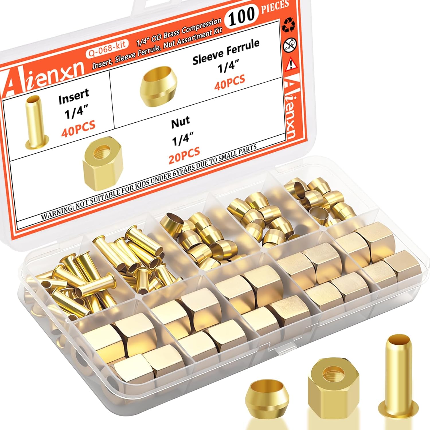 152PCS 4 Sizes Brass Compression Fittings Assortment kit- 1/2", 3/8", 5/16", 1/4" Insert, Sleeve Ferrule, Nut for Connecting air, Fuel, Water, Oil and inert Gases Lines
