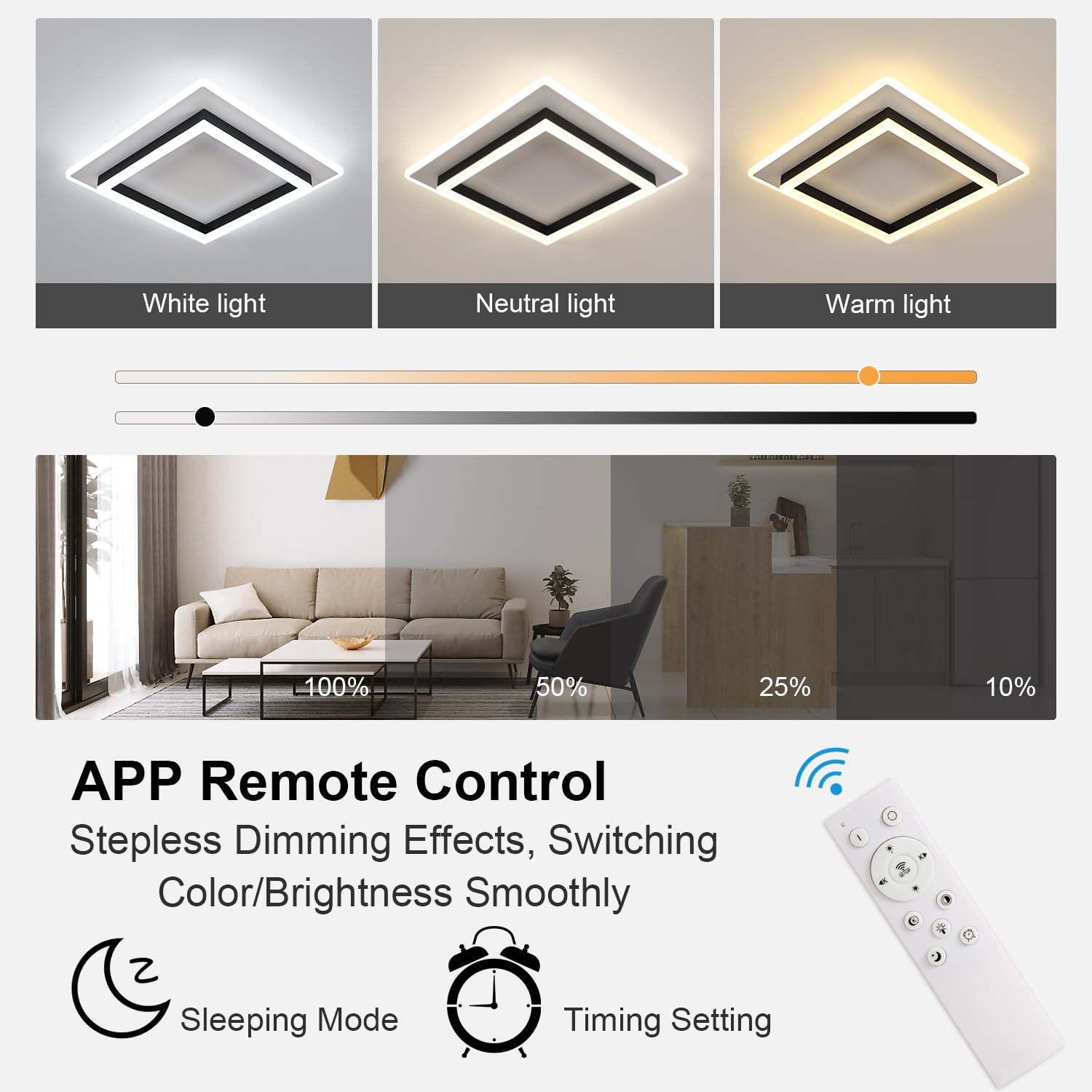Goeco Lampa sufitowa LED kwadratowa 41 W, z regulowanym pilotem zdalnego sterowania, 3000 K-6500K, do sypialni, salonu, kuchni,