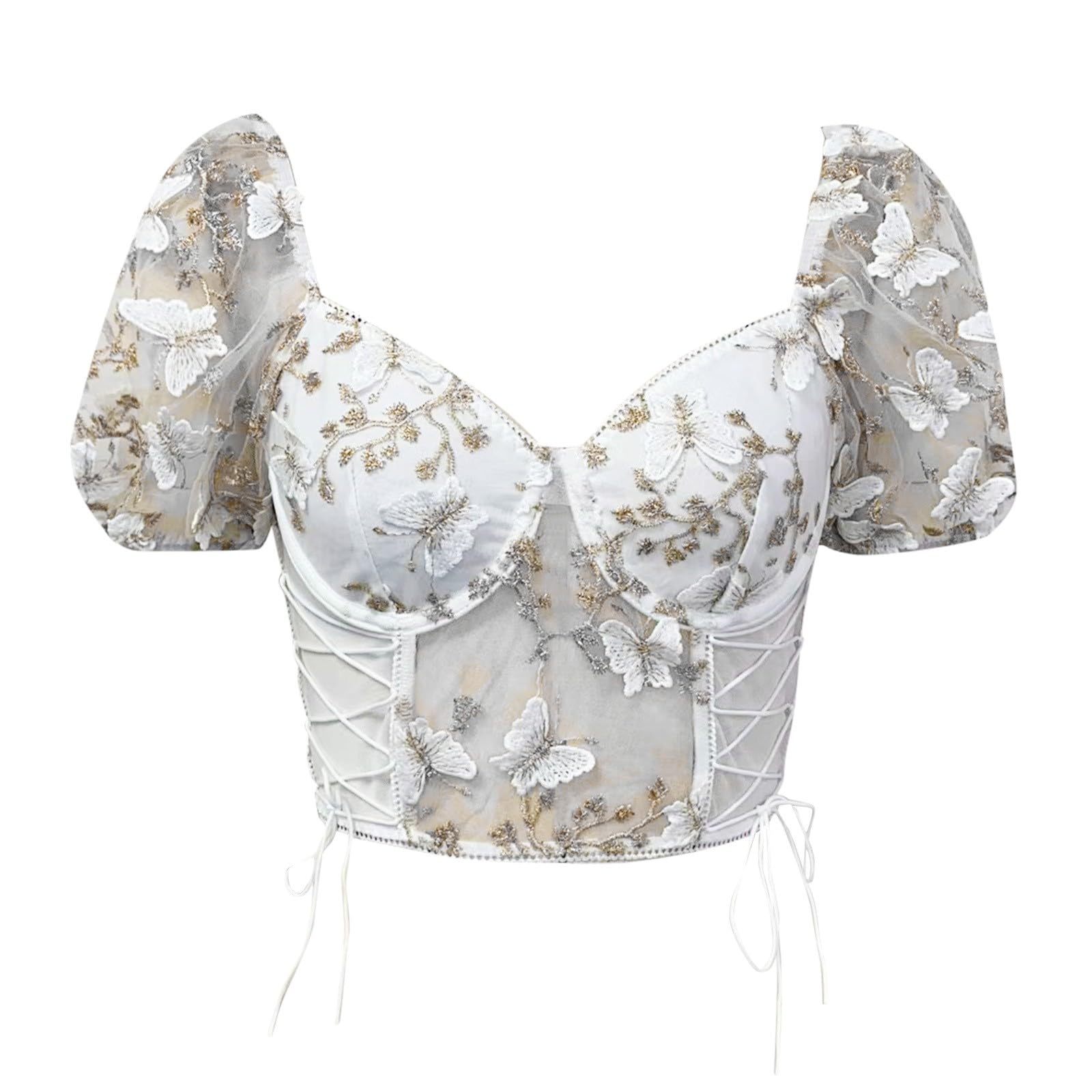 Camicetta Dirndl da donna, trasparente, bianca, elegante, con inserto in pizzo, corsetto elegante, maniche svasate, top corto avvolgente con camicetta in pizzo per lingerie