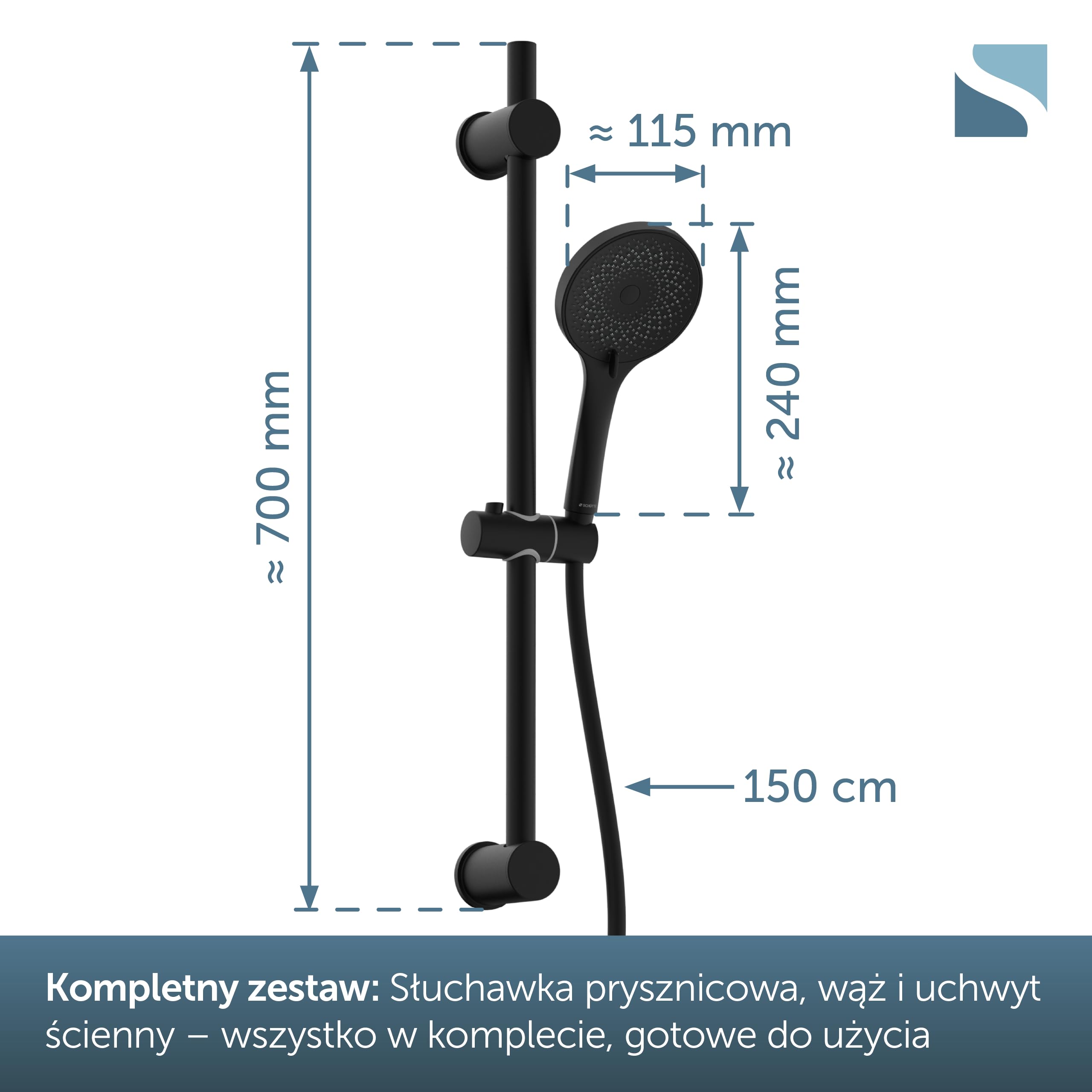 SCHÜTTE RAVEN drążek prysznicowy i słuchawka prysznicowa, z 3-stopniową regulacją głowicy prysznicowej, zestaw prysznicowy z kolumną prysznicową, panel prysznicowy z wężem, kolor czarny