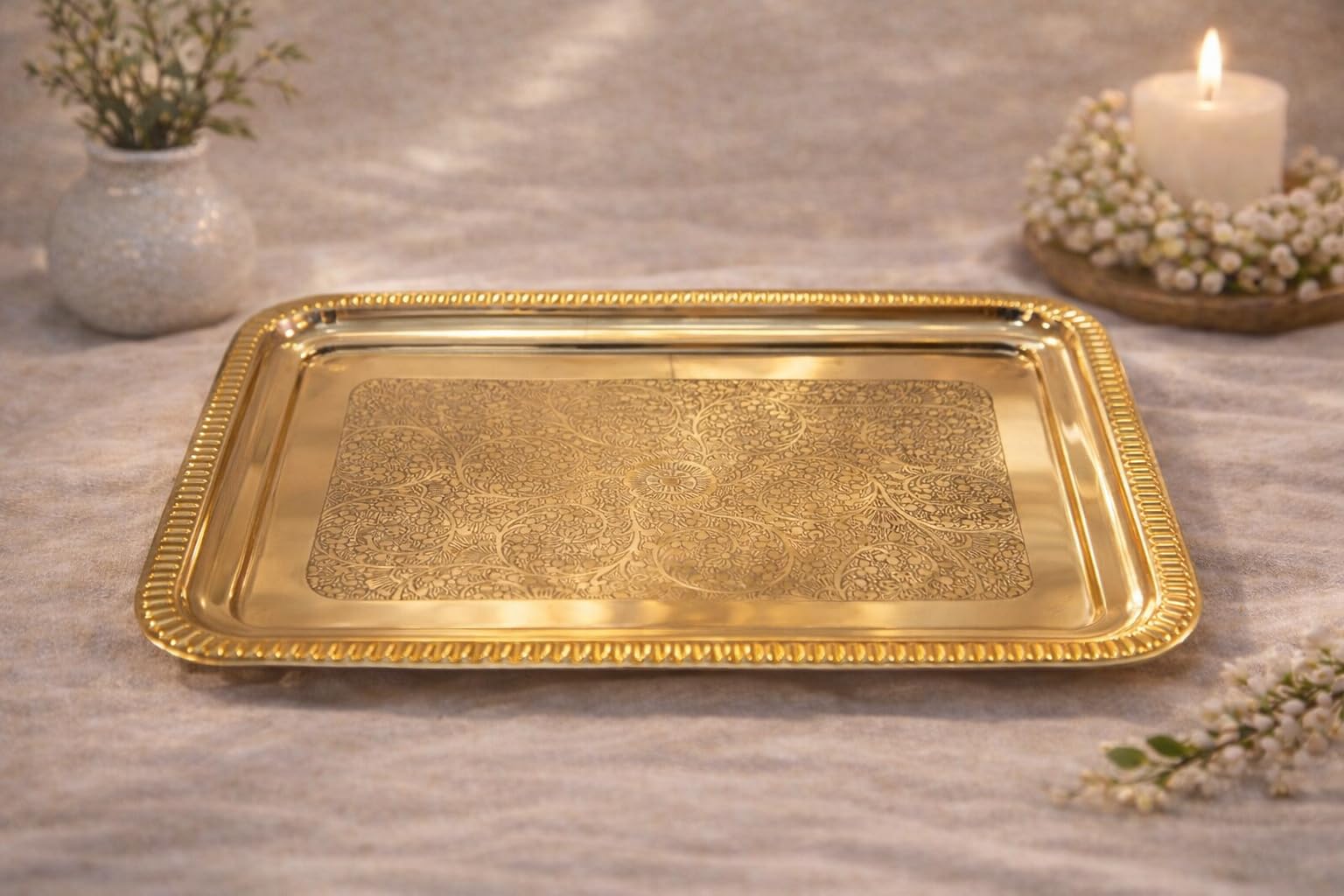 Premium Brass Serving Tray (Rectangular) | Engraved Pital Tray for Tea, Snacks & Home Decor | Decorative Serving Platter-image-4