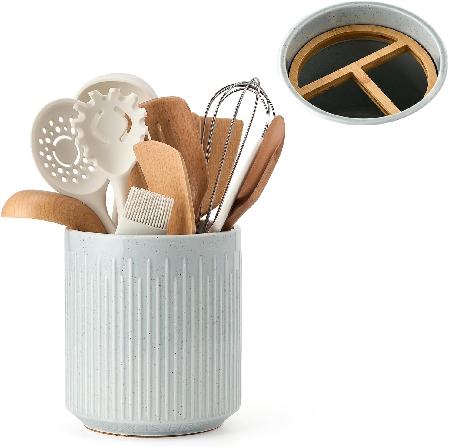 JIEMEI HOME Kitchen Utensil Holder, Ceramic Stable Utensil Crock for Kitchen Counter, 7.2" Large Utensil Organizer with Cork Mat, Removable Bamboo Divider for Kitchen Décor and Accessories, Light Gray