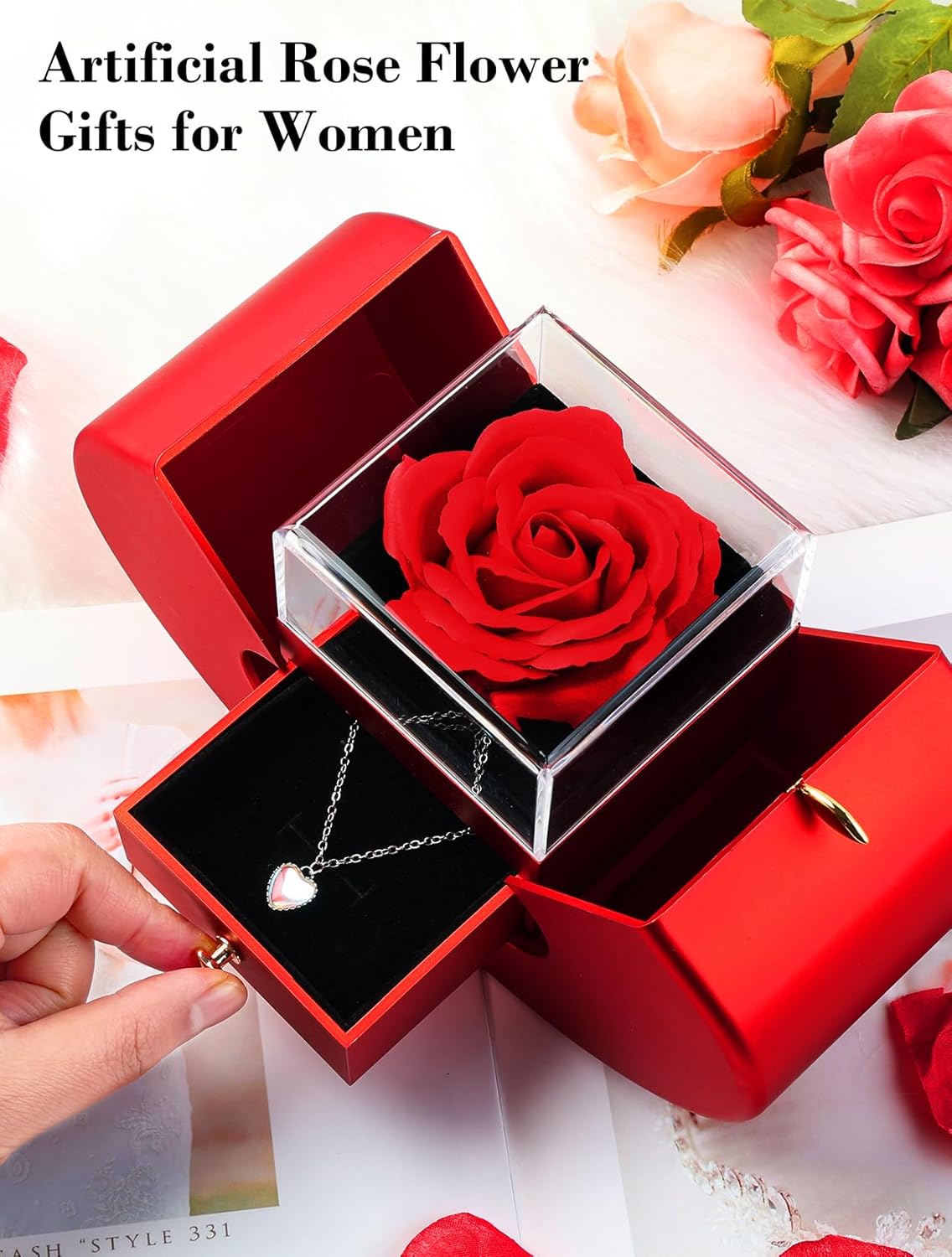 Forever Red Roses in A Box Preserved Rose with Rainbow Necklace Heart Box to My Love Birthday Gift for Women Mom Wife Girlfriend - Image 7