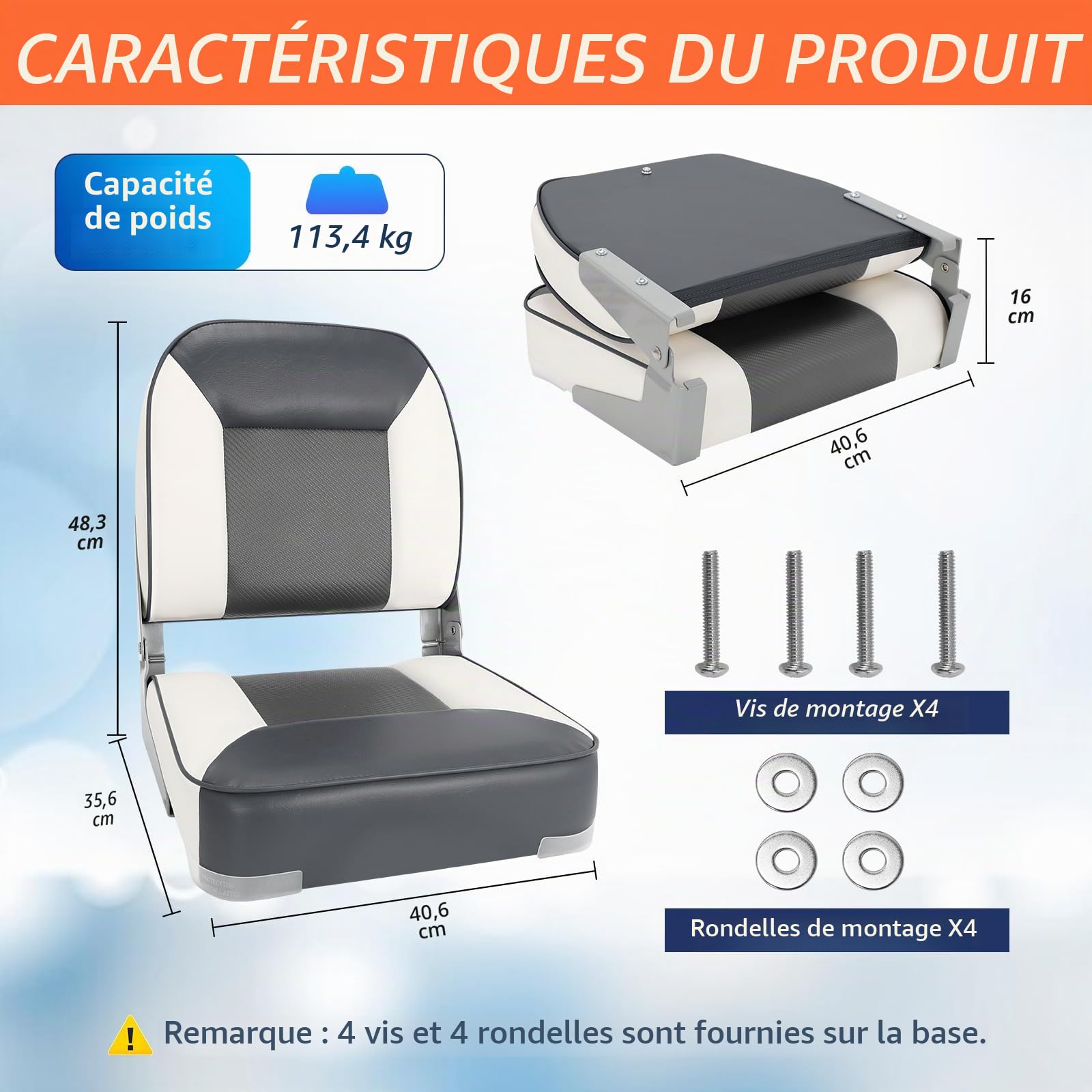 Lot de 2 sièges de bateau pliables imperméables pour pêche à la pêche, convient pour Jon/Ponton/canoë/Bass Tracker-Bootssitze - Design unique de couleur (gris/blanc)