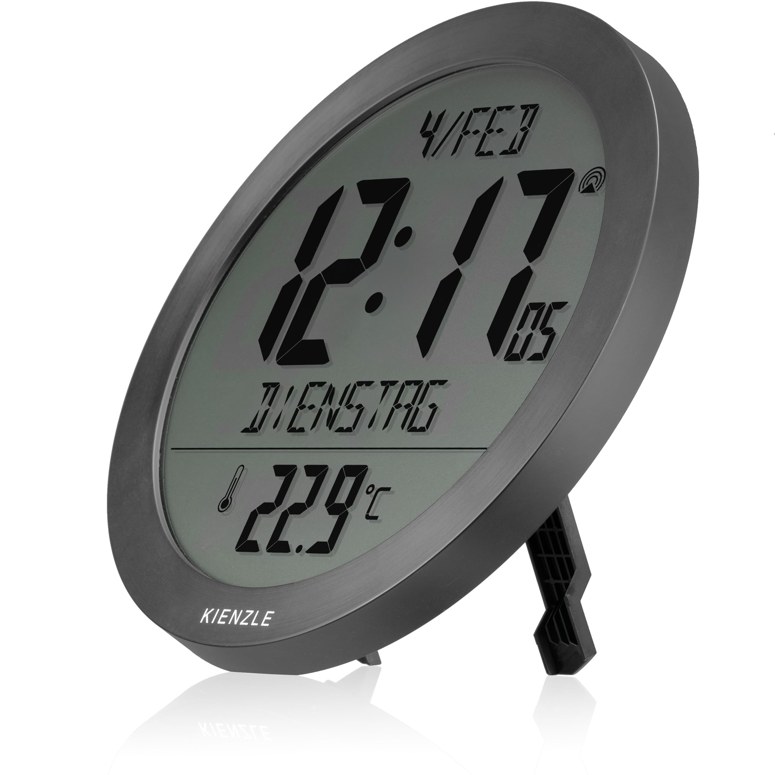 Kienzle Funkwanduhr Tischuhr mit Temperaturanzeige 18,7 cm Display DCF-Zeit Datum 2 Weckzeiten Schlummer anthrazit
