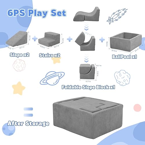 Miniatura 5 de STAOLENE Bloques de escalada de espuma suave con pozo de bolas, 6 juguetes grises de escalada para niños pequeños, juego de actividades de escalada