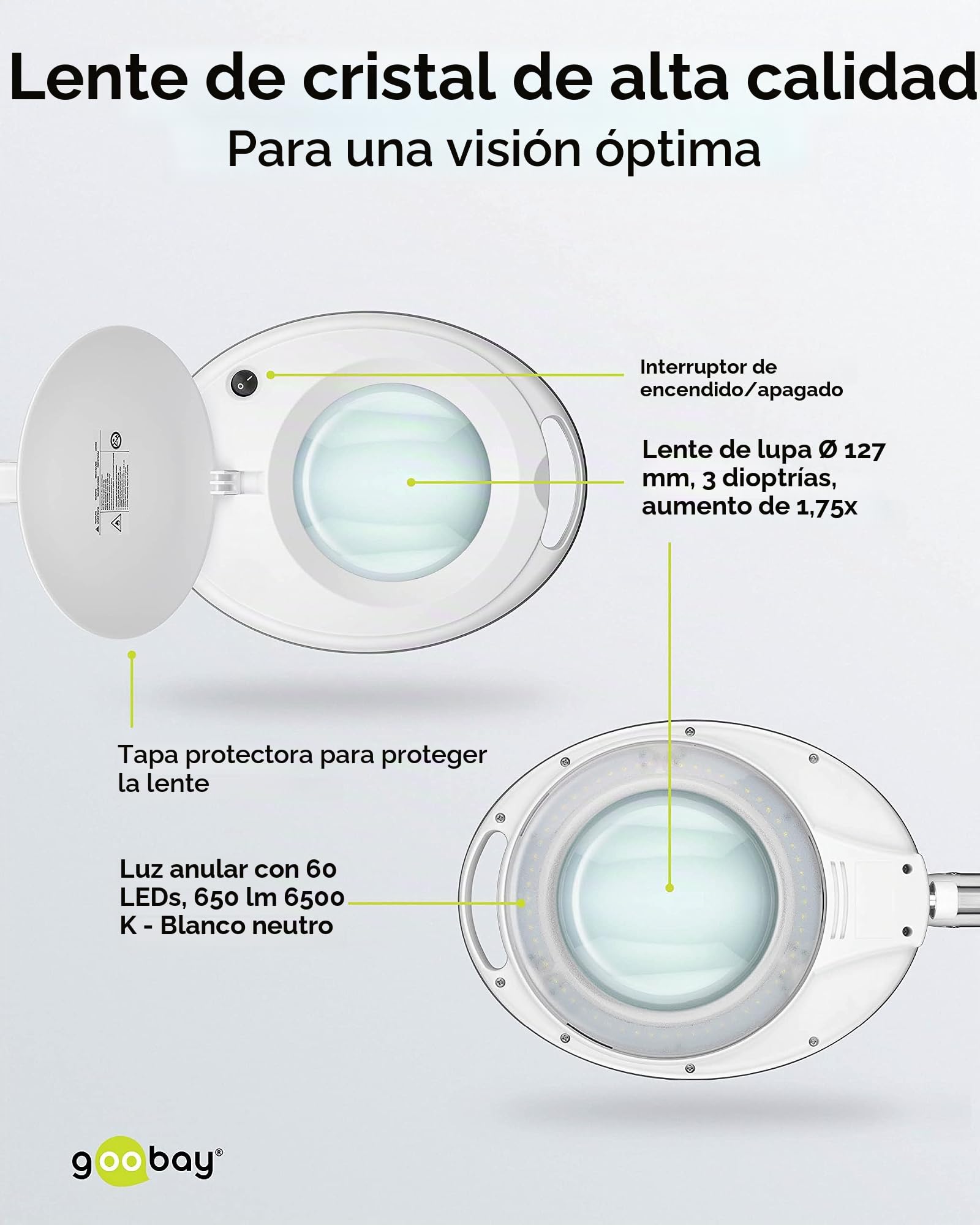 Goobay 60361 Lámpara de aumento/Lámpara de aumento LED de plástico / 8 W de consumo, temperatura de color 6500 K/flujo luminoso 650 lm/tensión de servicio 230 V (AC) / blanco