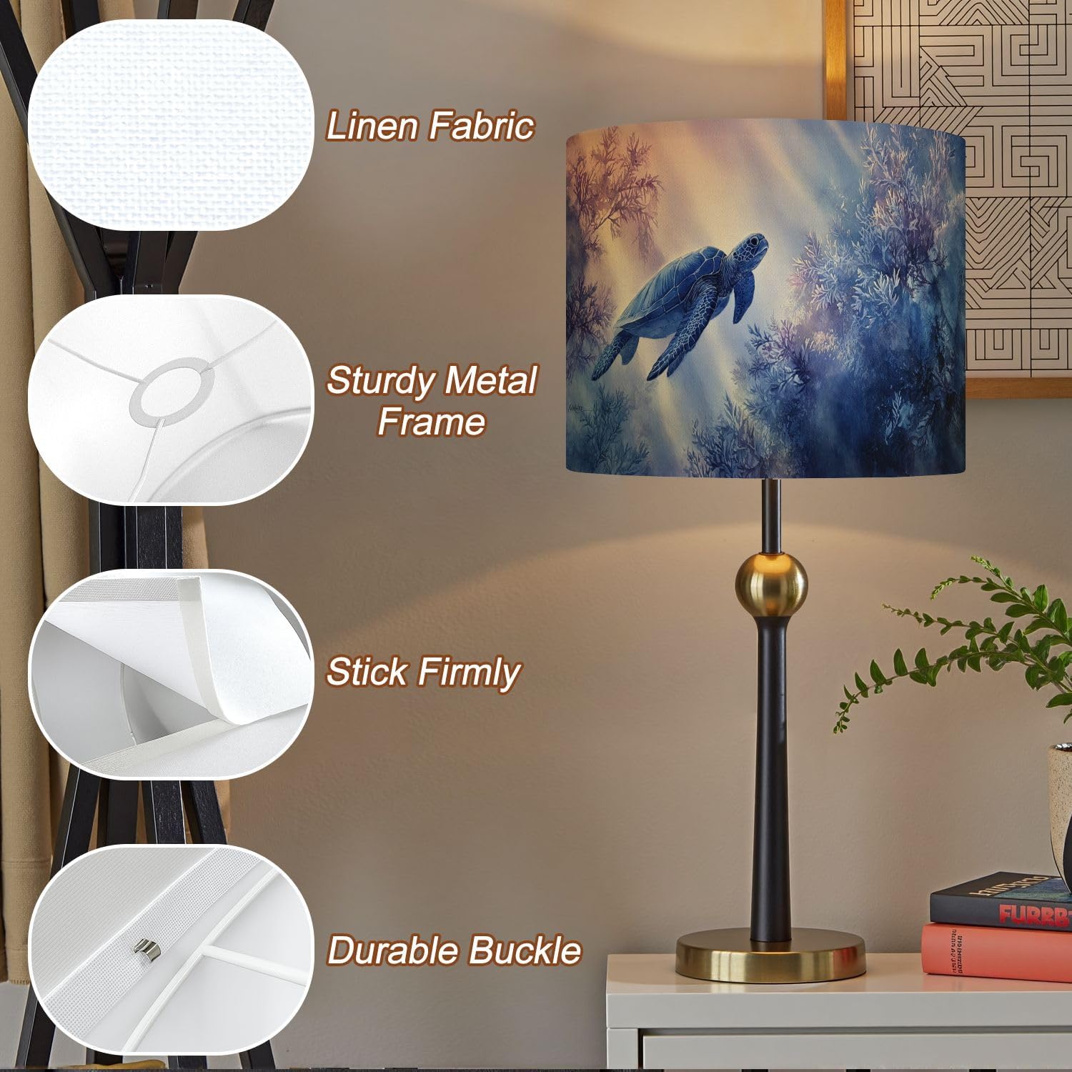 boho Lampshades Watercolor Marine Ocean Underwater Blue Sea Turtle Coastal Lamp Shades set of 2 Light Shade for Table Lamps Floor Lamps Drum Lamp Shades Lampshade Replacement