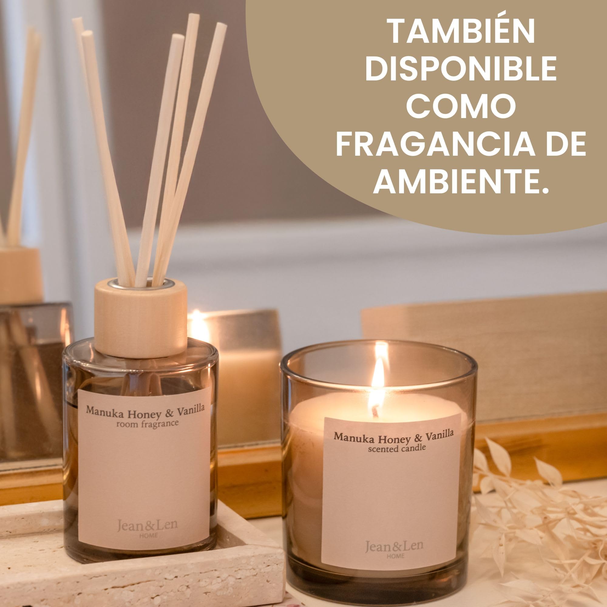 Jean & Len Scented Candle Manuka Honey & Vanilla, elaborada con manteca de karité, duración de combustión aprox. 40 horas, diseño minimalista, aroma sensual, vegano, 195 g