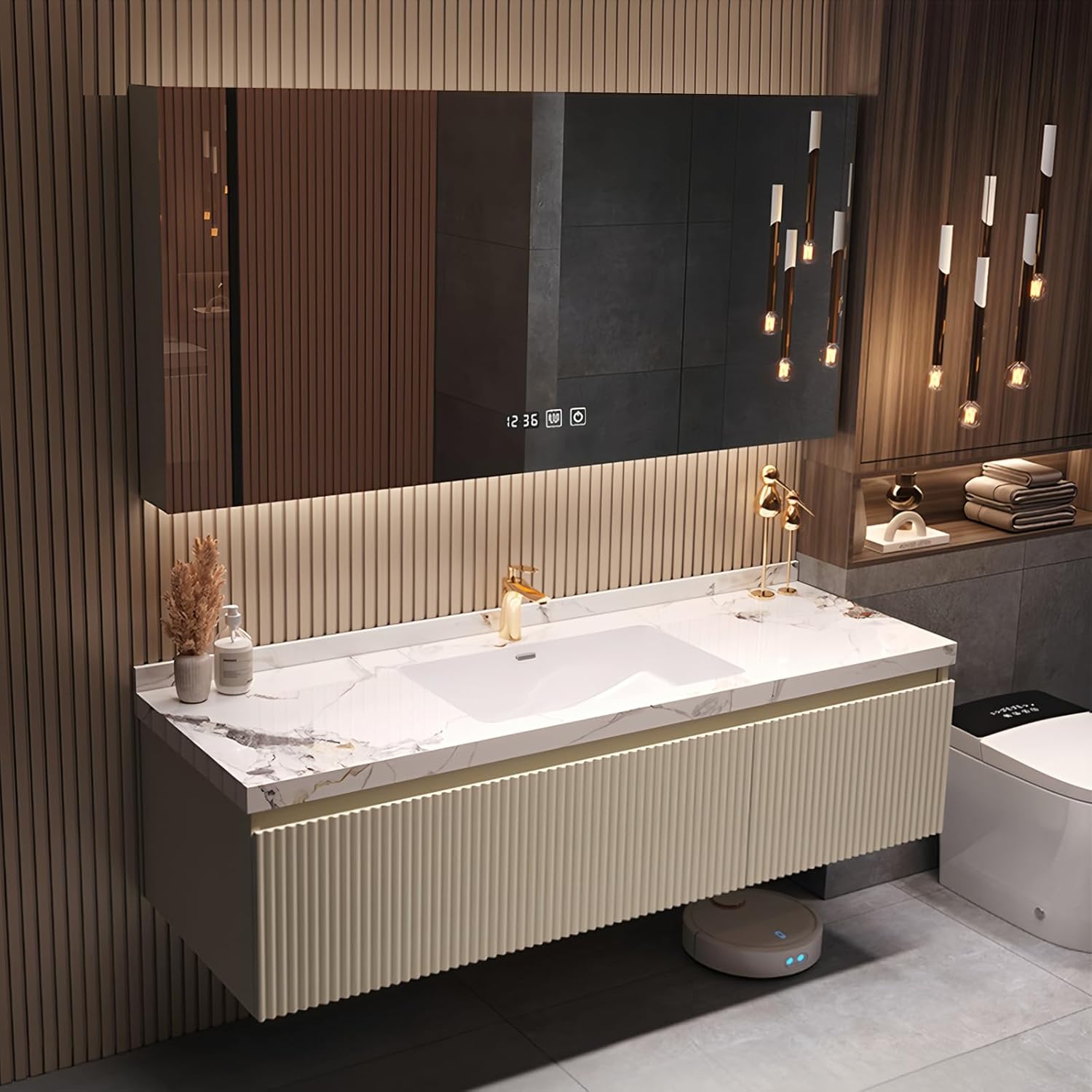 Floating Vanity for Bathroom, 40" Single Sink Bathroom Vanity with Rectangle Smart Defogging Mirror Set, Solid Wood Fluted Bath Sink Cabinet with Storage Drawer, Faucet Included