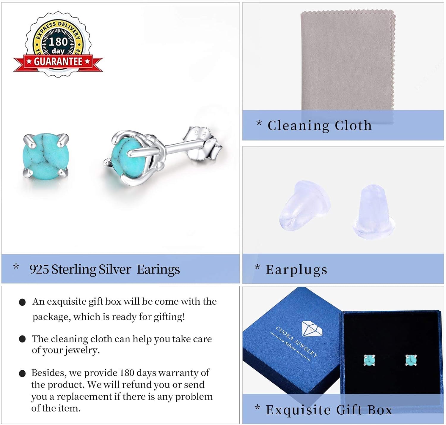 Turquoise Studs Earrings, 925 Sterling Silver 4mm/6mm Round Shape Tiny Studs, Turquoise Jewelry Present for Women Girlfriend - Image 7