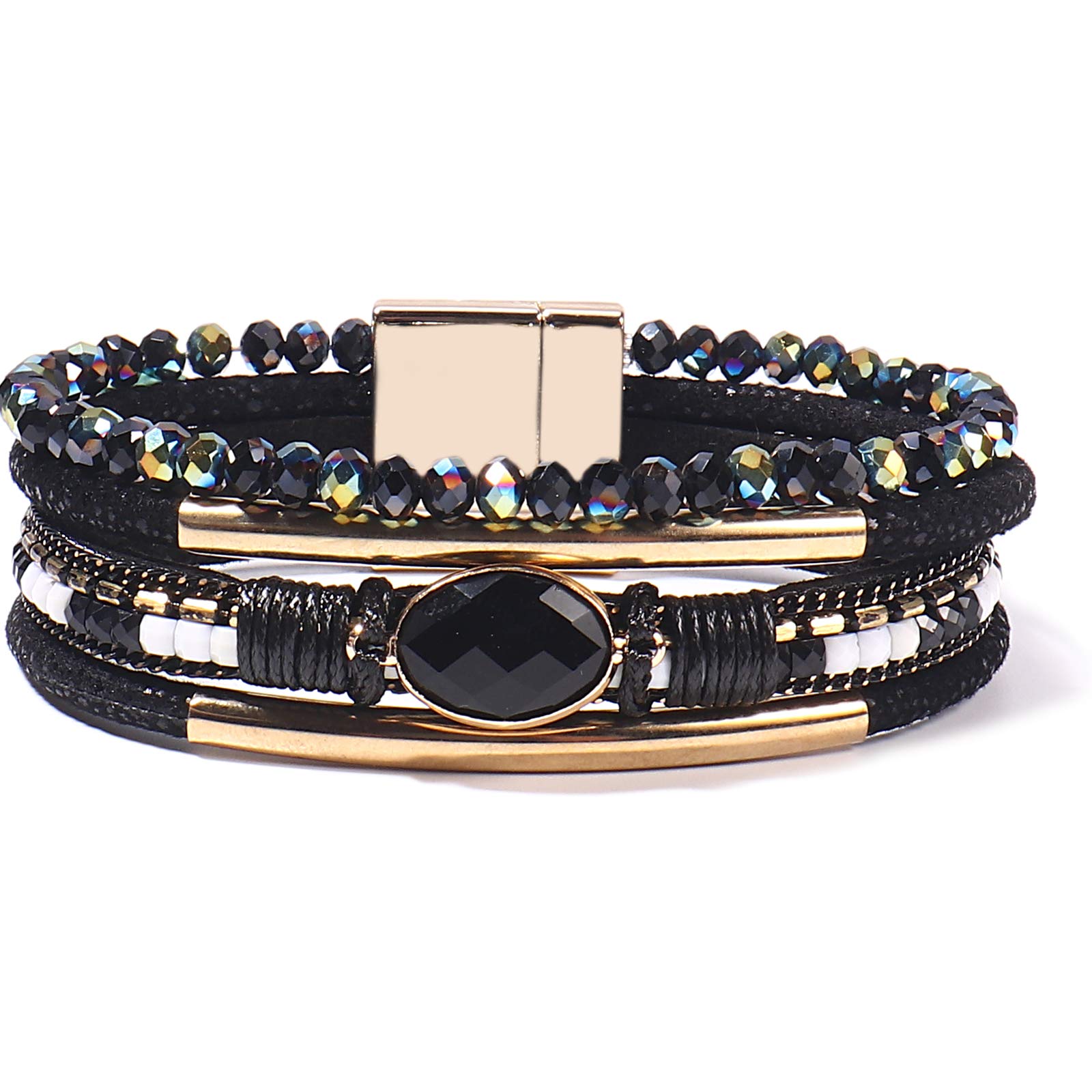 FANCY SHINYLeather Wrap Bracelets Crystal Beads Bracelet Boho Cuff Stone Charm Bracelets with Clasp Costume Jewelry for Women