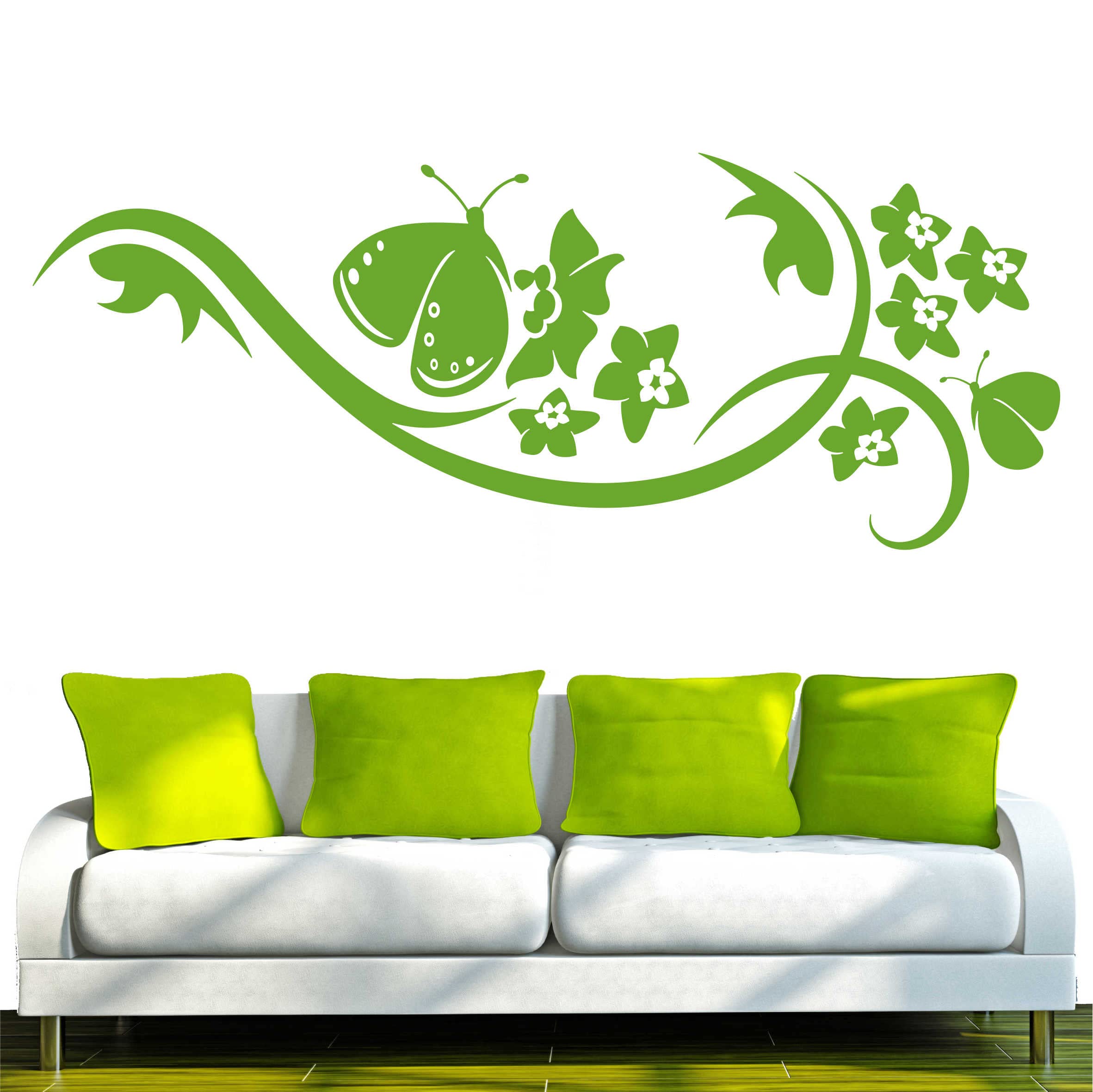 INDIGOS UG - Wandtattoo Wohnzimmer - Wandaufkleber stylischer Schmetterling Blume Pflanze Tribal 240x92 cm - gelbgrün d156 - Aufkleber Kinderzimmer Schlafzimmer Küche Badezimmer Büro Dekoration