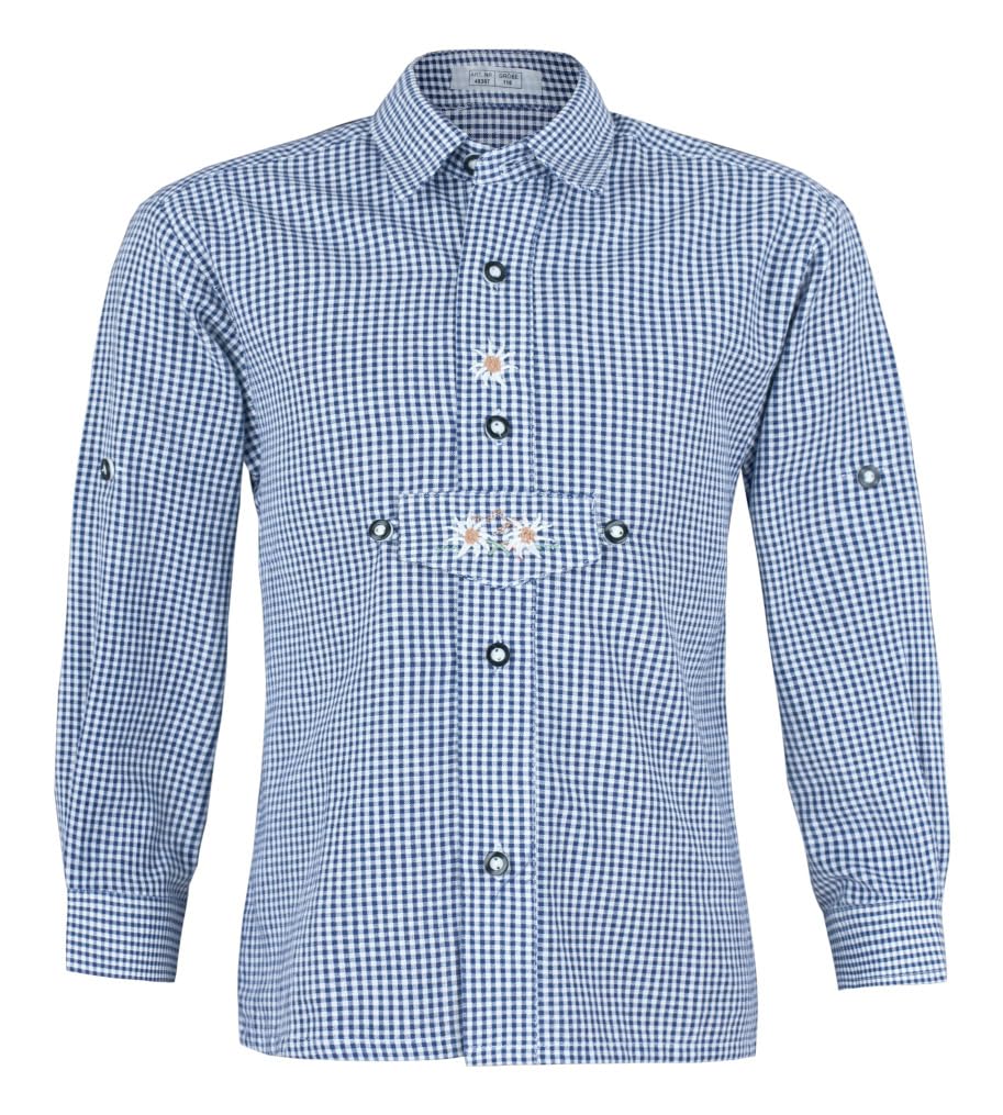 Isar-Trachten Camicia per bambini – Camicia da ragazzo con barretta decorativa e ricamo a stella alpina a quadretti per pantaloni in pelle – Oktoberfest Kirchweih
