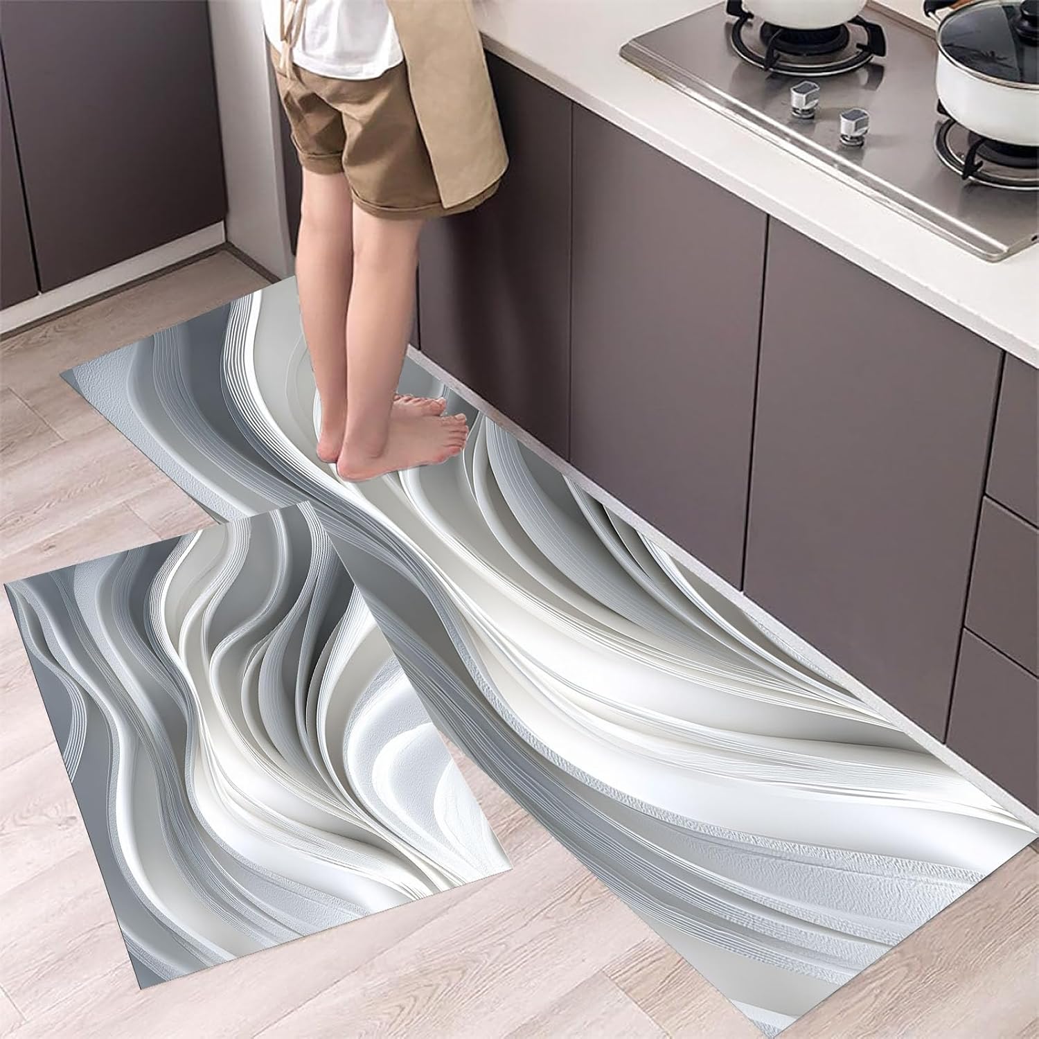 3D Petals And Stamens Kitchen Rug Set, 2 Pieces Non Slip and Anti Fatigue Relief Flowers Kitchen Mat Set, Washable Floor Mat, Ivory Standing Mats for Hallway Bedroom Entrance 17.3"x59"+17.3"x30"