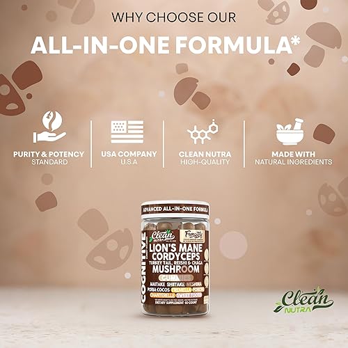 Miniatura 8 de Clean Nutra Lions Mane Mane Lion's Mane Hongo Gomitas Cordyceps Suplemento para la memoria y la concentración Apoyo Inmunológico Vitaminas Reishi