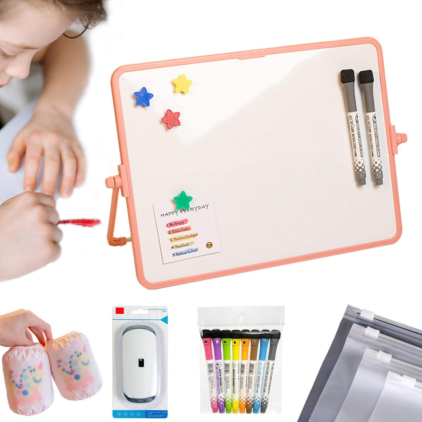 Pizarra blanca magnética A3 30x40 cm doble cara con soporte y 8 rotuladores kit completo para niños y oficina bolsa EVA portátil anti-manchas,Superficie anti-fantasma,Imanes,Marco ABS duradero,Cepillo