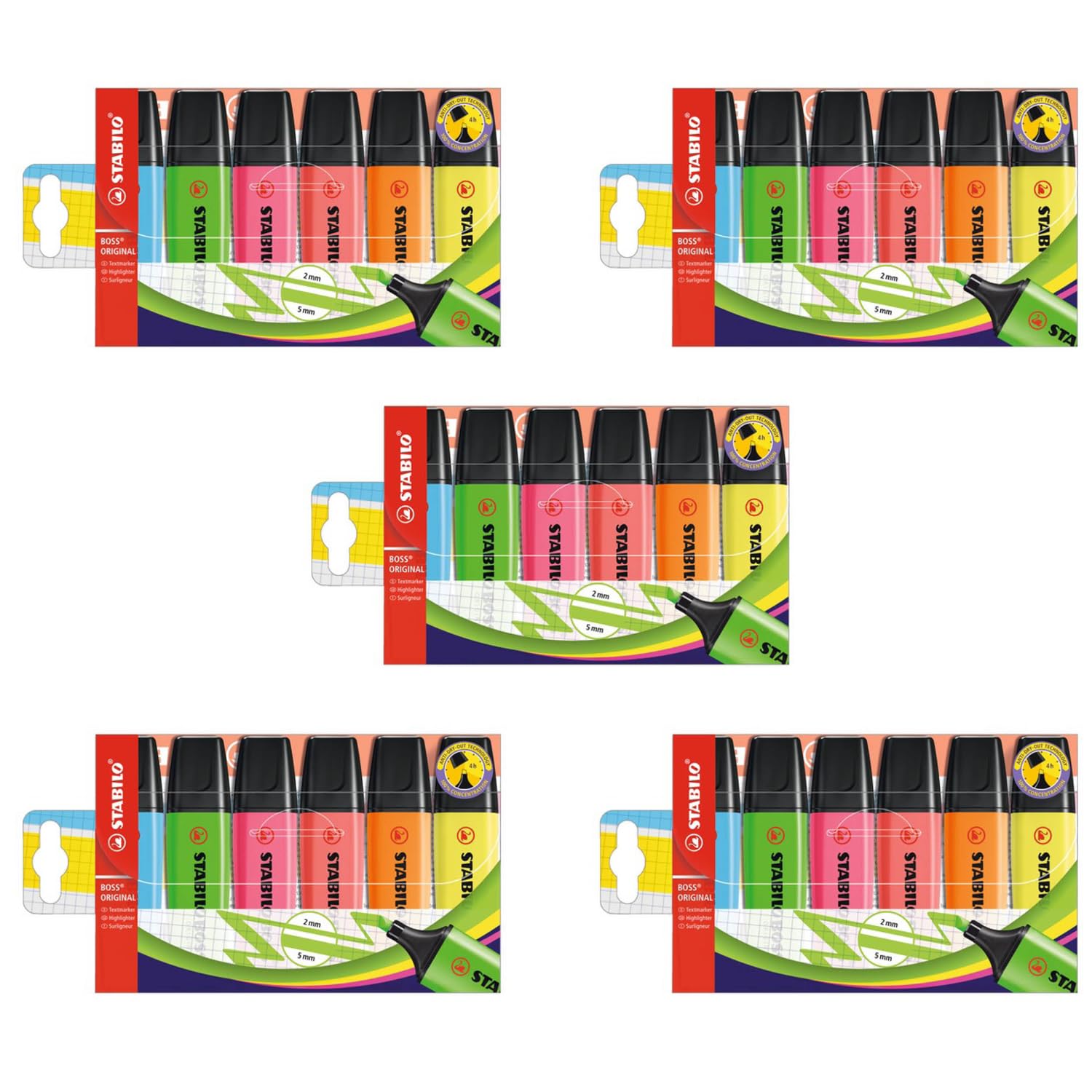 Highlighter - STABILO BOSS ORIGINAL - 5 x Pack of 6 - Assorted Colours