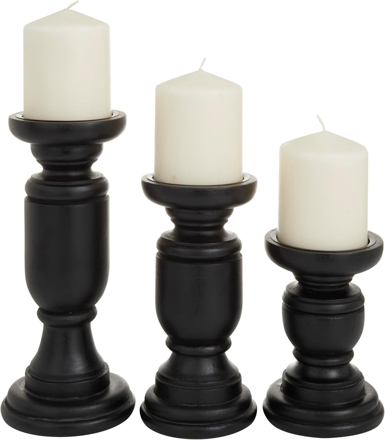 Deco 79 Mango Wood Turned Style Pillar Candle Holder, Set of 3 10", 8", 6"H, White