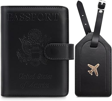 Passport Holder For Travel with Luggage Tag Cover RFID Blocking Travel Passport Wallet Holder for Men/Family| PU Leather Passport Case with Extra Money Pocket/Magnetic Clasp, Black