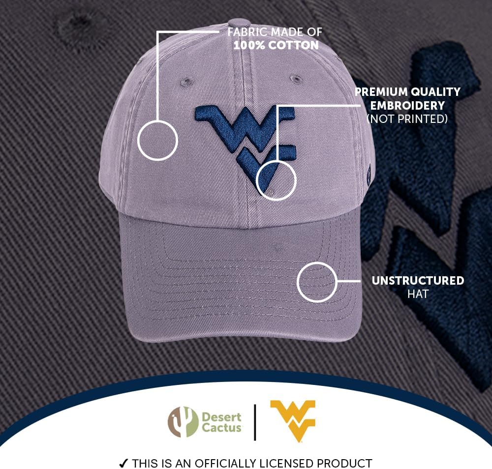 Desert Cactus West Virginia University Baseball Hat WVU Mountaineers Brimmed Embroidered Cap Adjustable Cloth Strap Adult