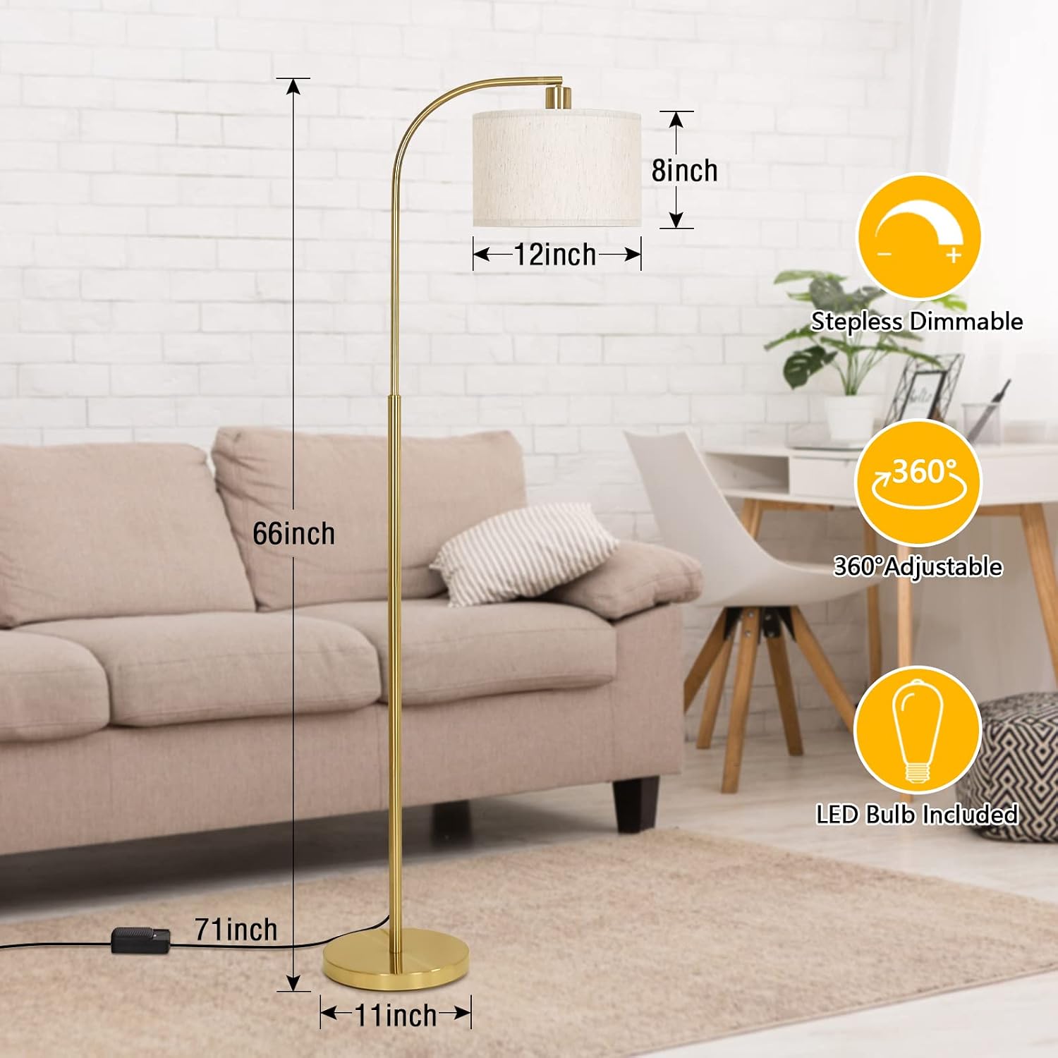 Boncoo LED Arc Floor Lamp Fully Dimmable Modern Standing Lamp with Adjustable Drum Shade, Golden Tall Pole Reading Lamp Corner Light for Living Room Bedroom Study Room, LED Bulb Included