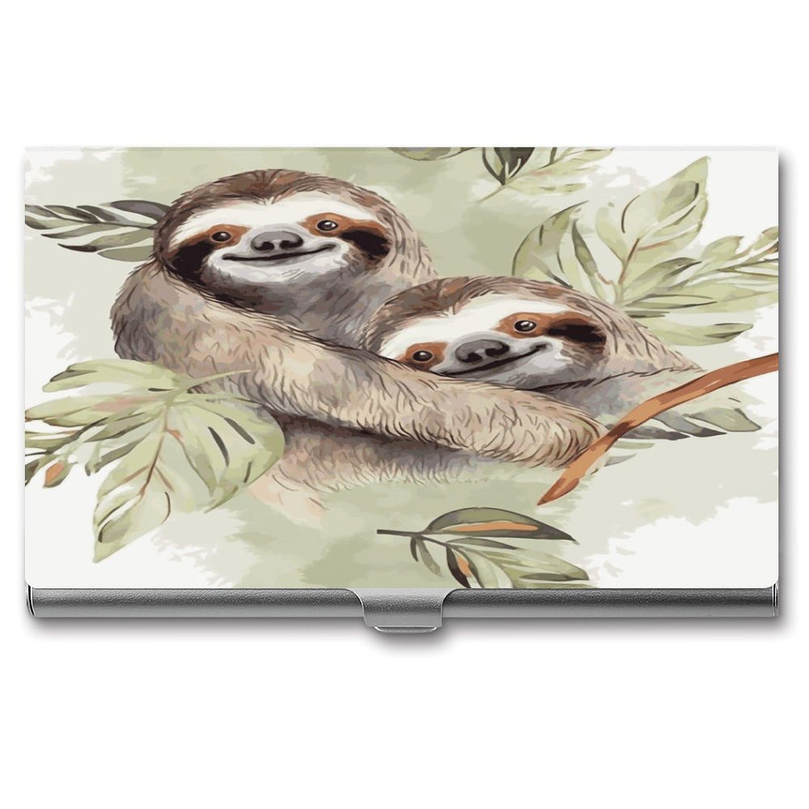LDGSUPH Watercolor Sloth Business Card Holder Fashion Slim Name Card Holder Minimalist Design Case Metal Card Carrier Personalized Business Card Case with Flip for Men Women
