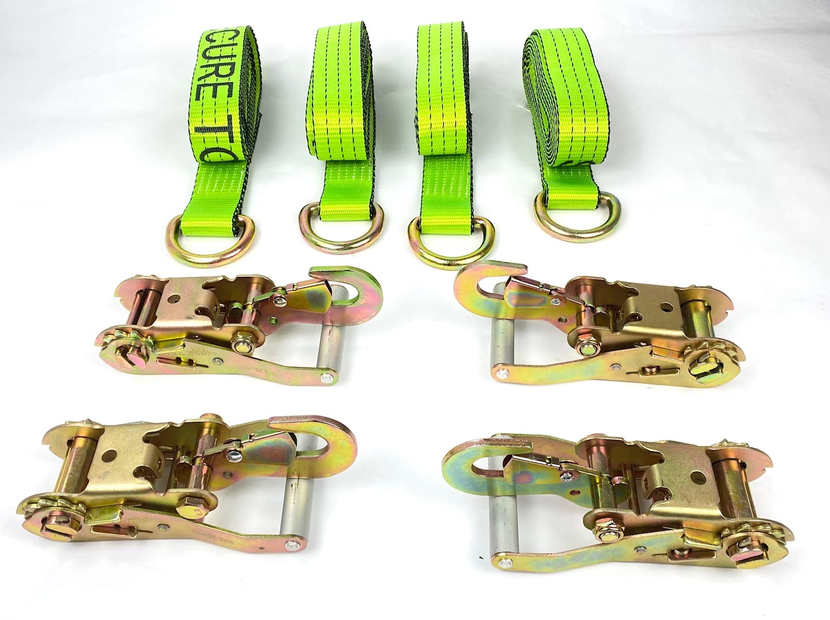 4 Pack of 2 x 10' Hi-VIZ Green Tecnic Webbing Lasso Straps w/Snap Hook Ratchets