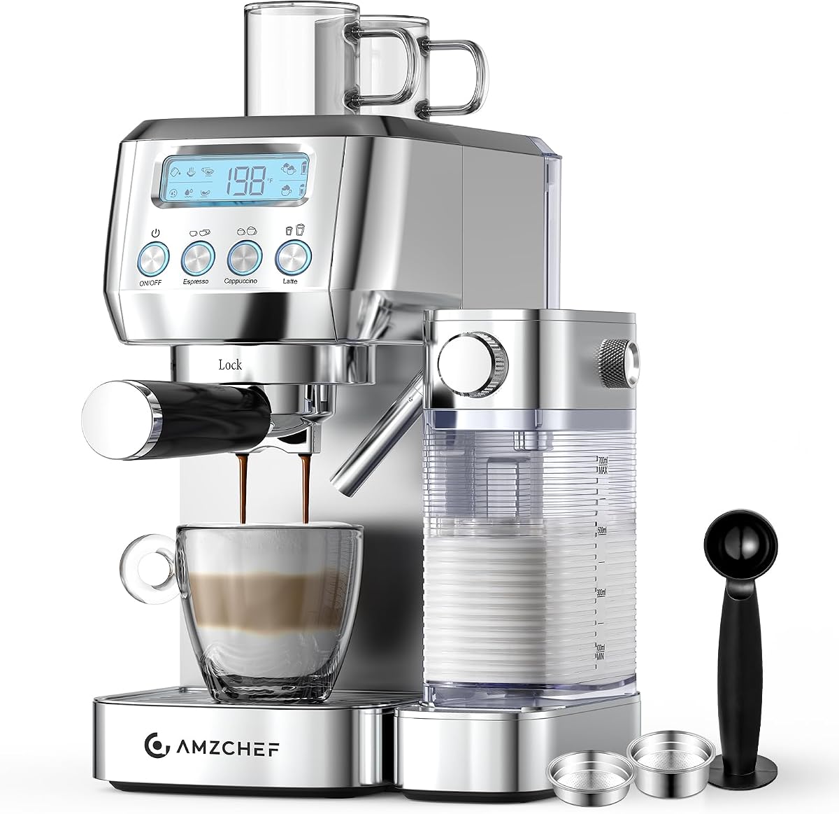 AMZCHEF Máquina de café expreso, Espumador de leche automático, Presión de 20 bares, Plata | Cafetera casera con tanque extraíble de 61 oz y pantalla LCD, café con leche de un solo toque para principiantes, garantía de 3 años
