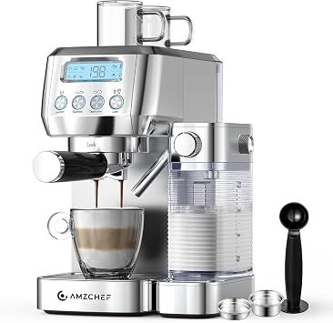 AMZCHEF Espresso Machine, Auto Milk Frother, 20 Bar Pressure, Silver