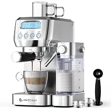 AMZCHEF Espresso Machine with Automatic Milk Frother for Cappuccino & Latte, Coffee Maker with LCD Display and Dual Wall ideal for Home/Office/Gift, Stainless Steel Housing, 61OZ Water Tank