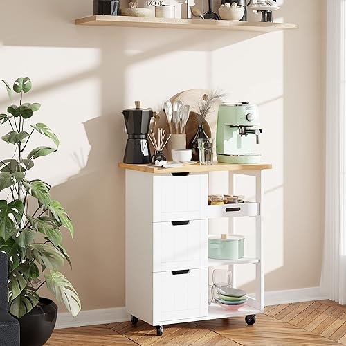 Miniatura 8 de SUNLEI Carrito rodante para isla de cocina con armario de almacenamiento, carrito de utilidad con ruedas bloqueables con 3 cajones, estantes