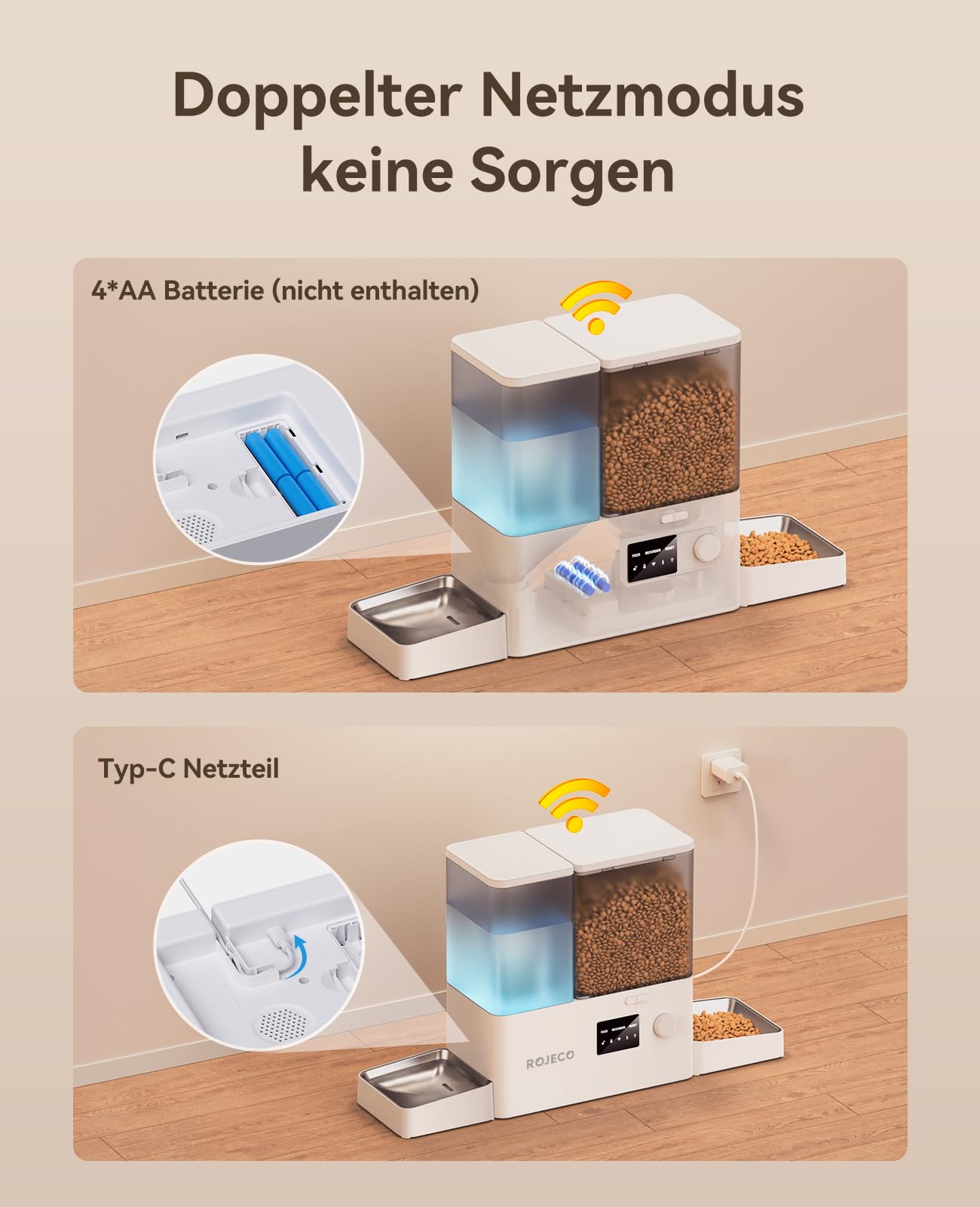 ROJECO Distributore Cibo Gatti Automatico 2-in-1 con Wi-Fi APP, 5L Crocchette + 3.5L Acqua a Gravità, Mangiatoia e Abbeveratoio per Gatti