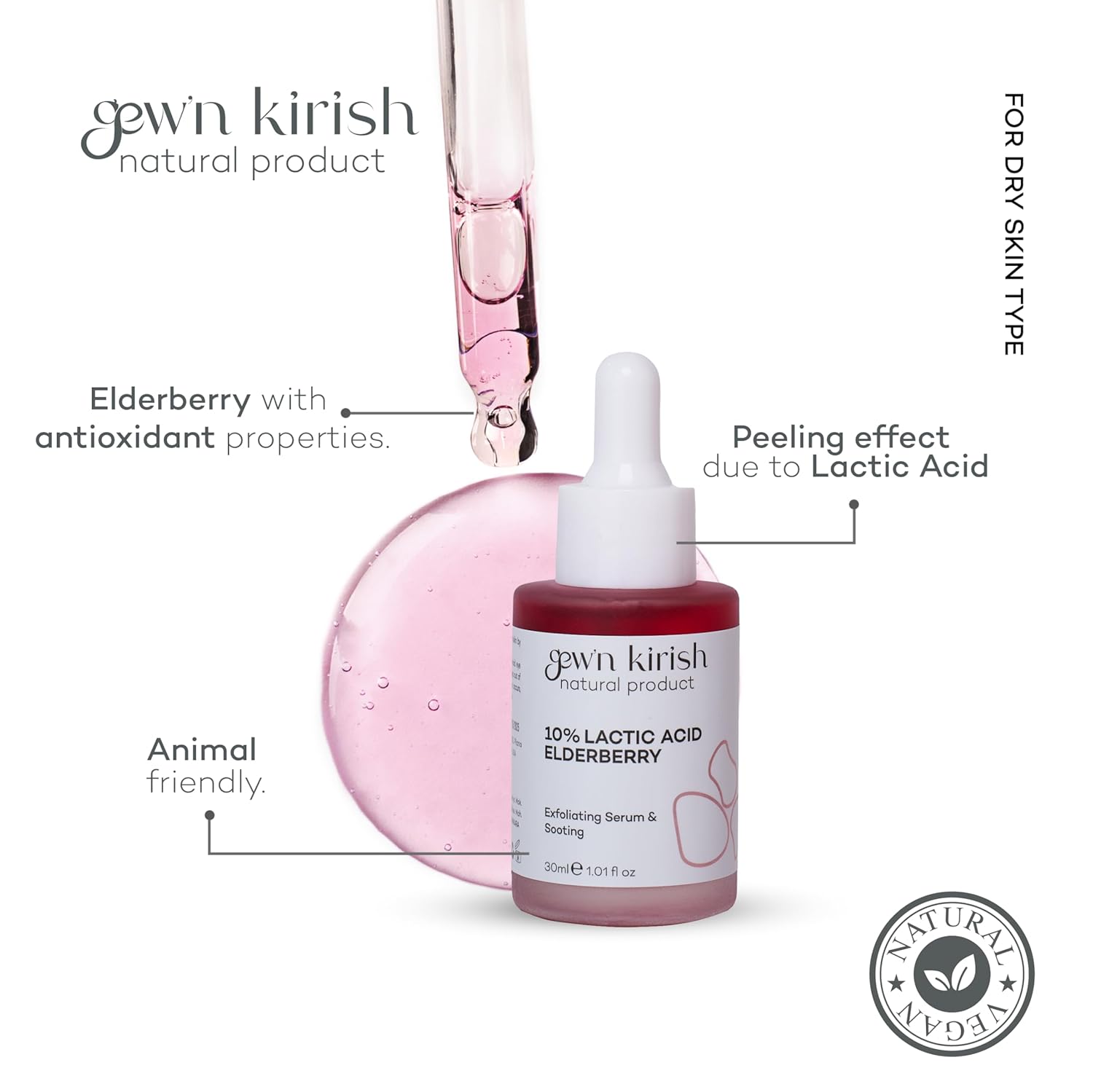 GEW’N KIRISH Elderberry & Lactic Acid Hydrating Exfoliating Serum – With Sodium Hyaluronate for Smooth, Bright & Radiant Skin | Gentle Daily Exfoliant, 30 ml (1.01 fl oz)