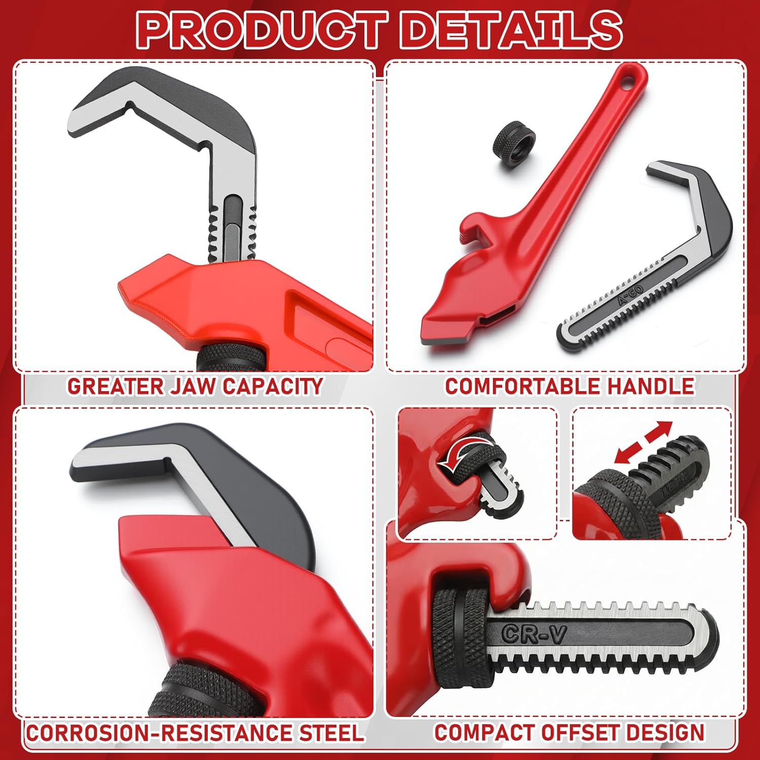 2 Pcs 9-1/2'' and 12'' Hex Offset Wrenches Offset Pipe Wrench Heavy Duty Cast Iron Adjustable Extension Plumbing Tools with Red Handle for Tight Spaces Pipe Work