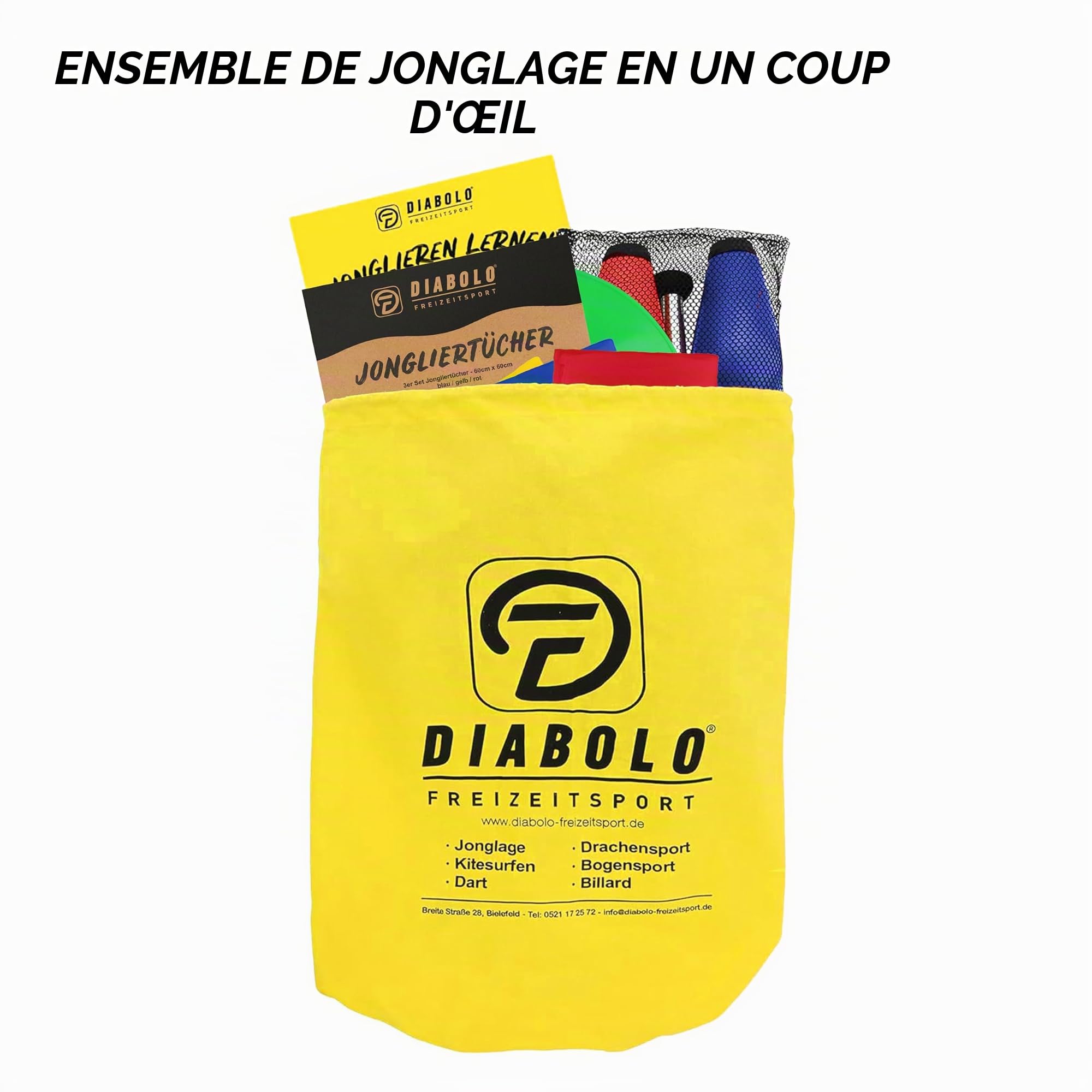 Diabolo Freizeitsport - Set de Jonglage pour Enfants et Adultes - Massues de Jonglage, Chiffons, Assiette, Balles de Jonglage et Baguette - Guide et Sac de Transport Inclus