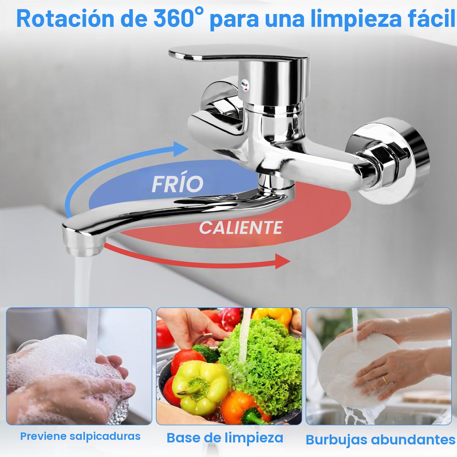 Grifo de Cocina Montaje en Pared, Grifo de Pared 360° Giratorio, Mezclador de Cocina, Monomando, Fregadero, Fregadero de Agua Fría y Caliente, Batería de Mezclador, Brazo Giratorio de 24cm