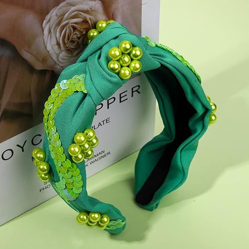 Miniatura 5 de HZEYN Diadema de Mardi Gras con cuentas de hoja de filigrana adornada Knontted Wide Turbante Diadema de Mardi Gras Disfraz de diadema para fiesta,