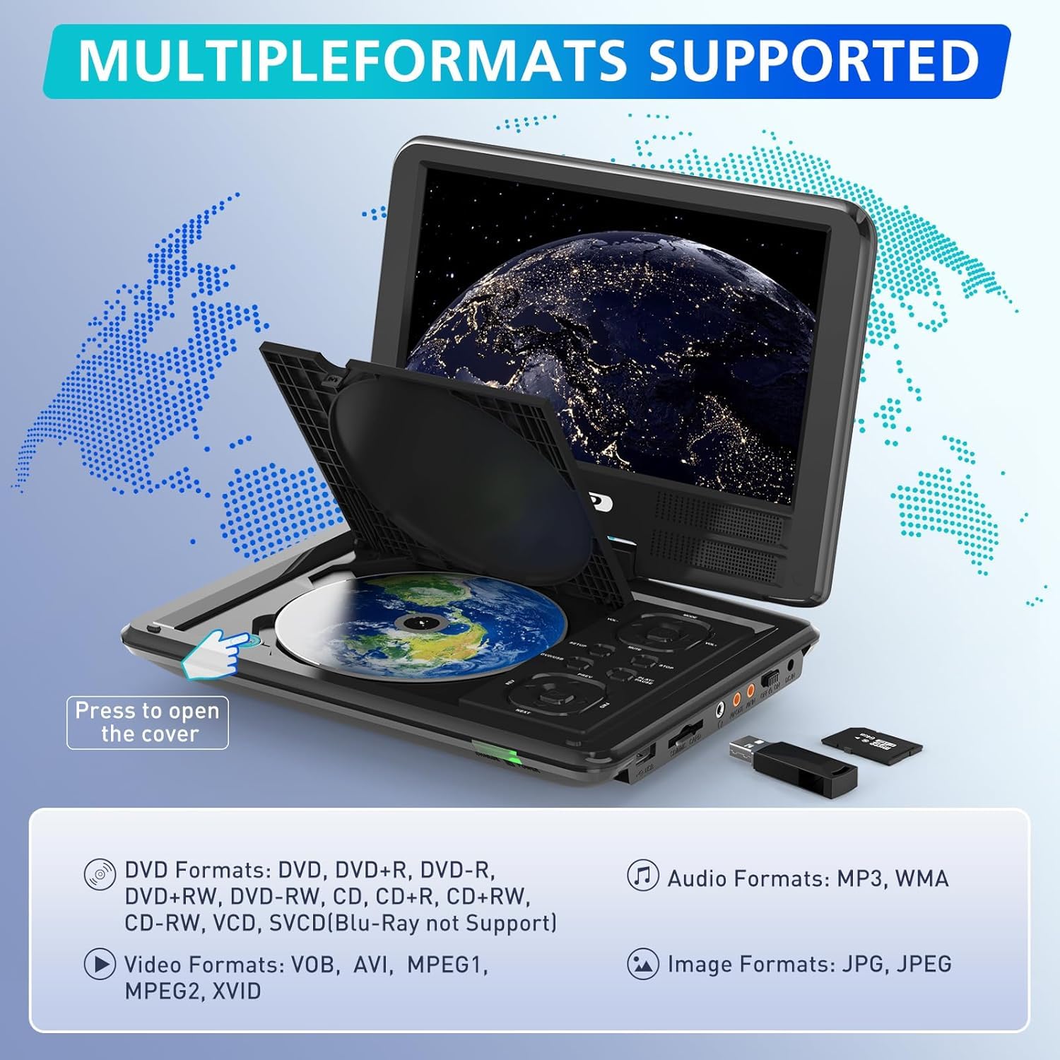 PJGCWB Lecteur DVD portable de 11,5" avec écran pivotant de 9,5", batterie rechargeable de 5 heures, lecteur DVD de voiture pour enfants, prend en charge carte SD/USB/CD/DVD et plusieurs formats de
