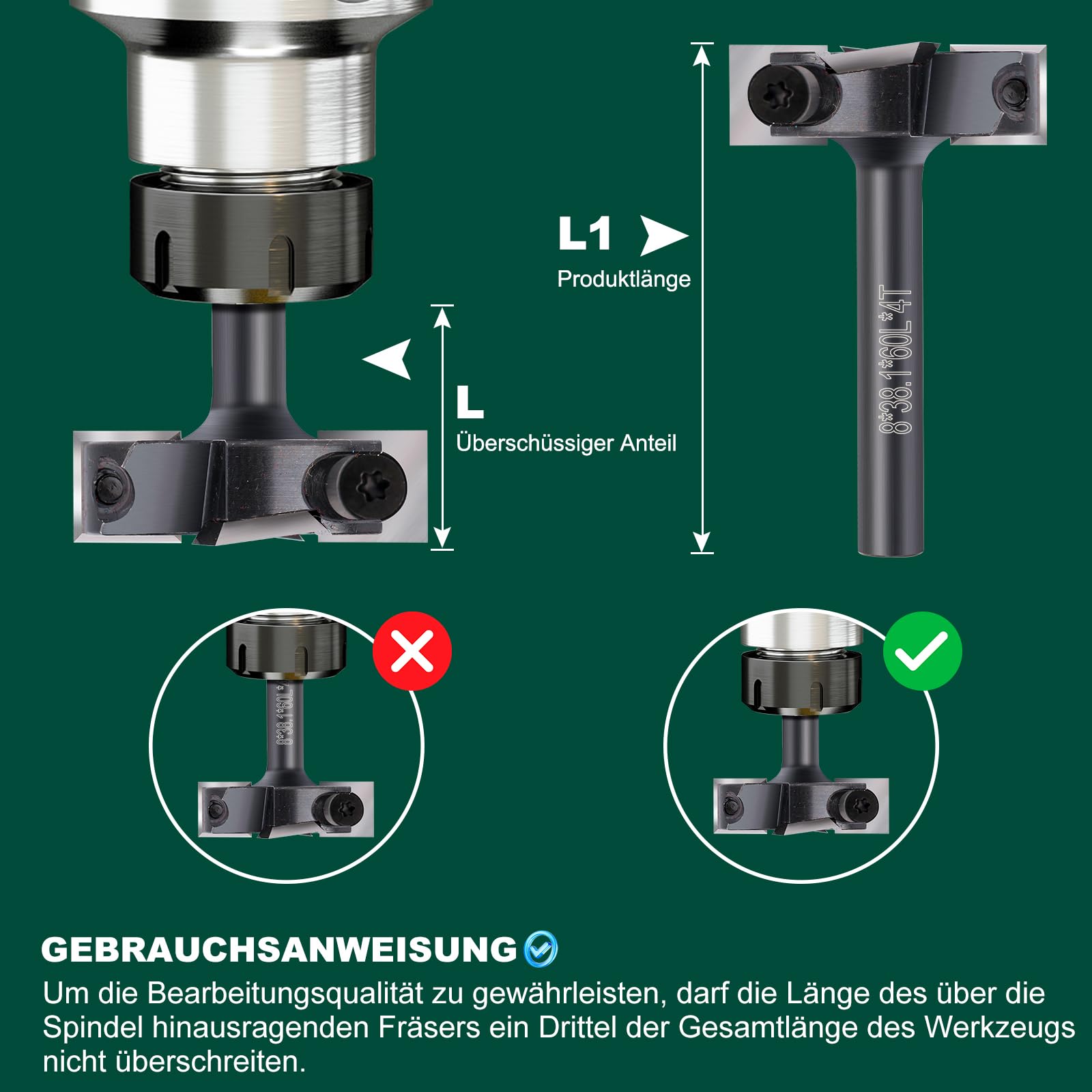 Planfräser 8mm Schaft CNC Holzfräser 38,1 mm Schnittdurchmesser Planfräser für Oberfräse mit 4 austauschbaren HM-Wendeplatten 12 x 12 mm, Fräser zum Planfräsen, Nutfräsen und Kantenfräsen