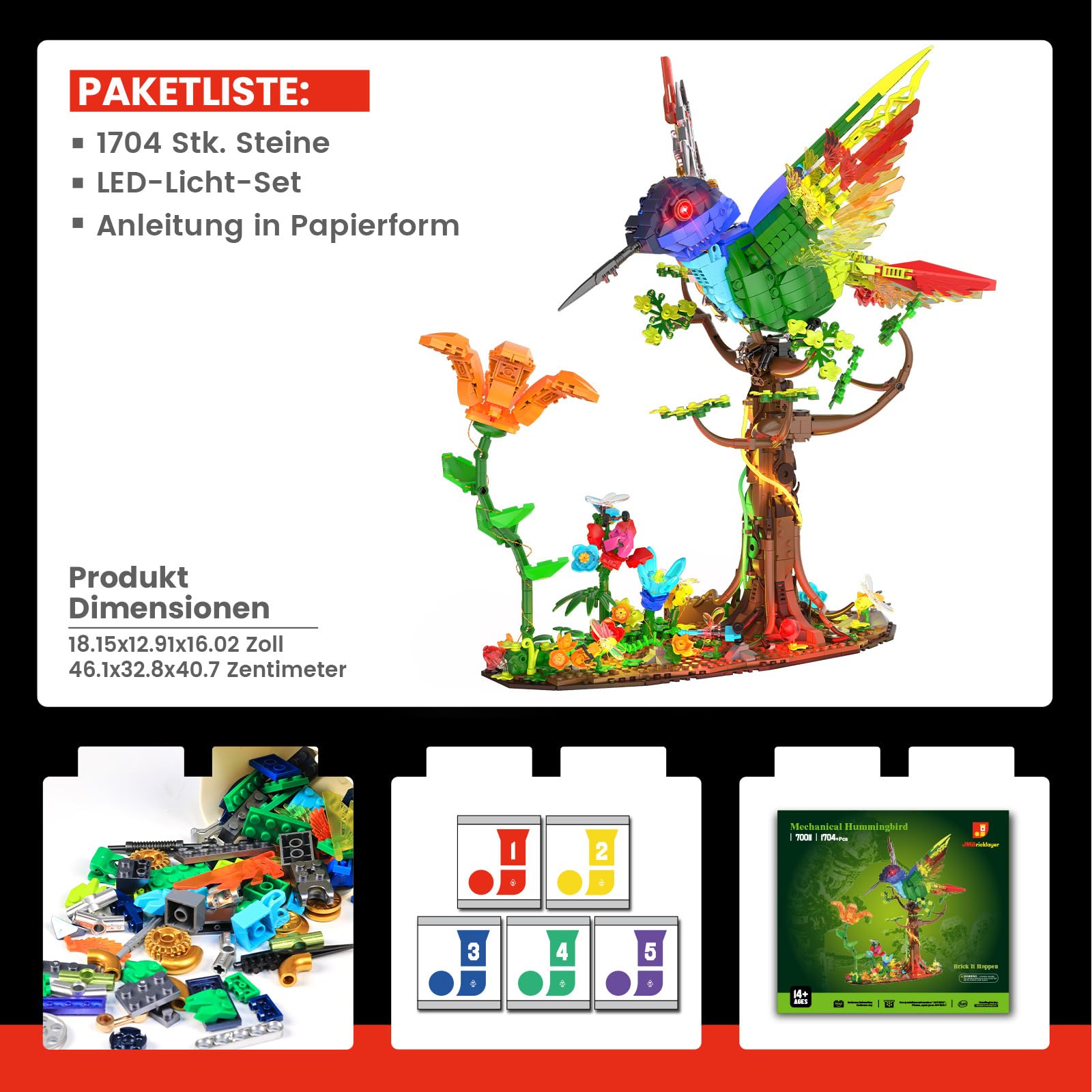 JMBricklayer Kolibri Bauspielzeug für Erwachsene mit LED-Licht, 70011 Kreative Klemmbausteine Set Vogel-Modell fürs Wohnzimmer oder Büro Deko, Geschenk für Mädchen und Jungen Vogelliebhaber ab 14+