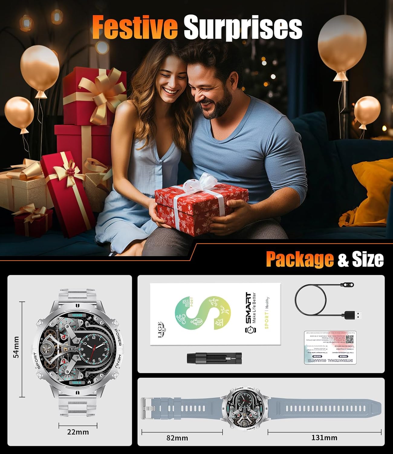 Contents of the SUNKTA Smart Watch package, including the watch, two straps, charging cable, and user manual.