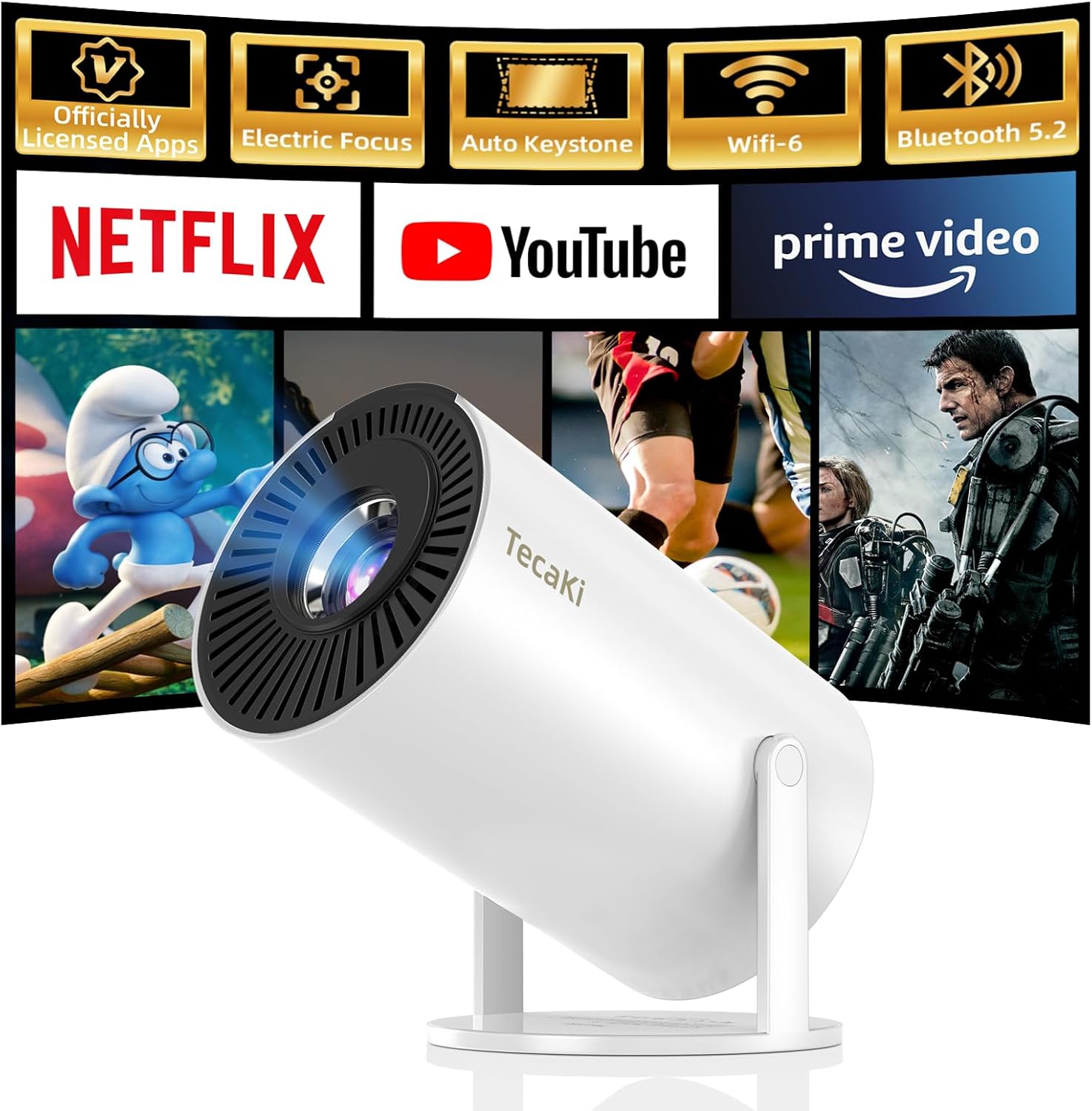 [Netflix Officially Licensed] Mini Portable Projector, 1080P Smart Movie Projector with WiFi and Bluetooth, 180° Rotatable, Auto Keystone & Electric Focus, Compatible with Smartphone/Laptop/HDMI/USB