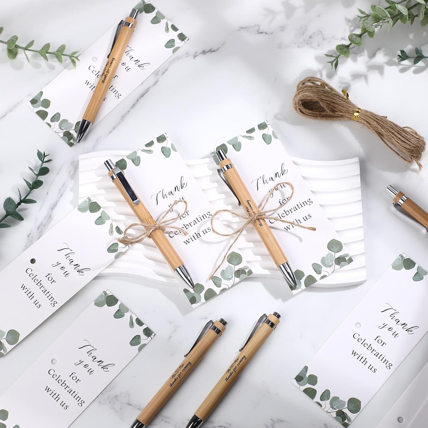 Yeaqee 104 Pcs Wedding Thank You Gifts Include 50 Wedding Bamboo Retractable Ballpoint Pens Wooden Black Ink Bridal Shower Pens 50 Greenery Bookmark Cards and 4 Twines for Party Favor Supplies